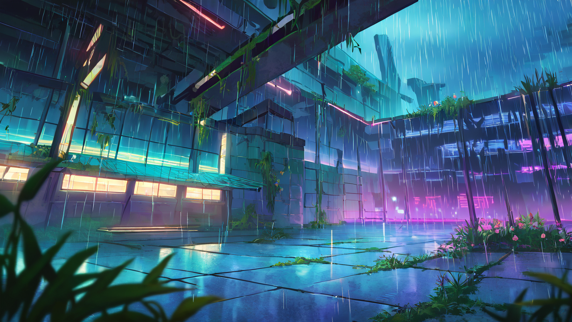 cyberpunk garden lofi wallpaper