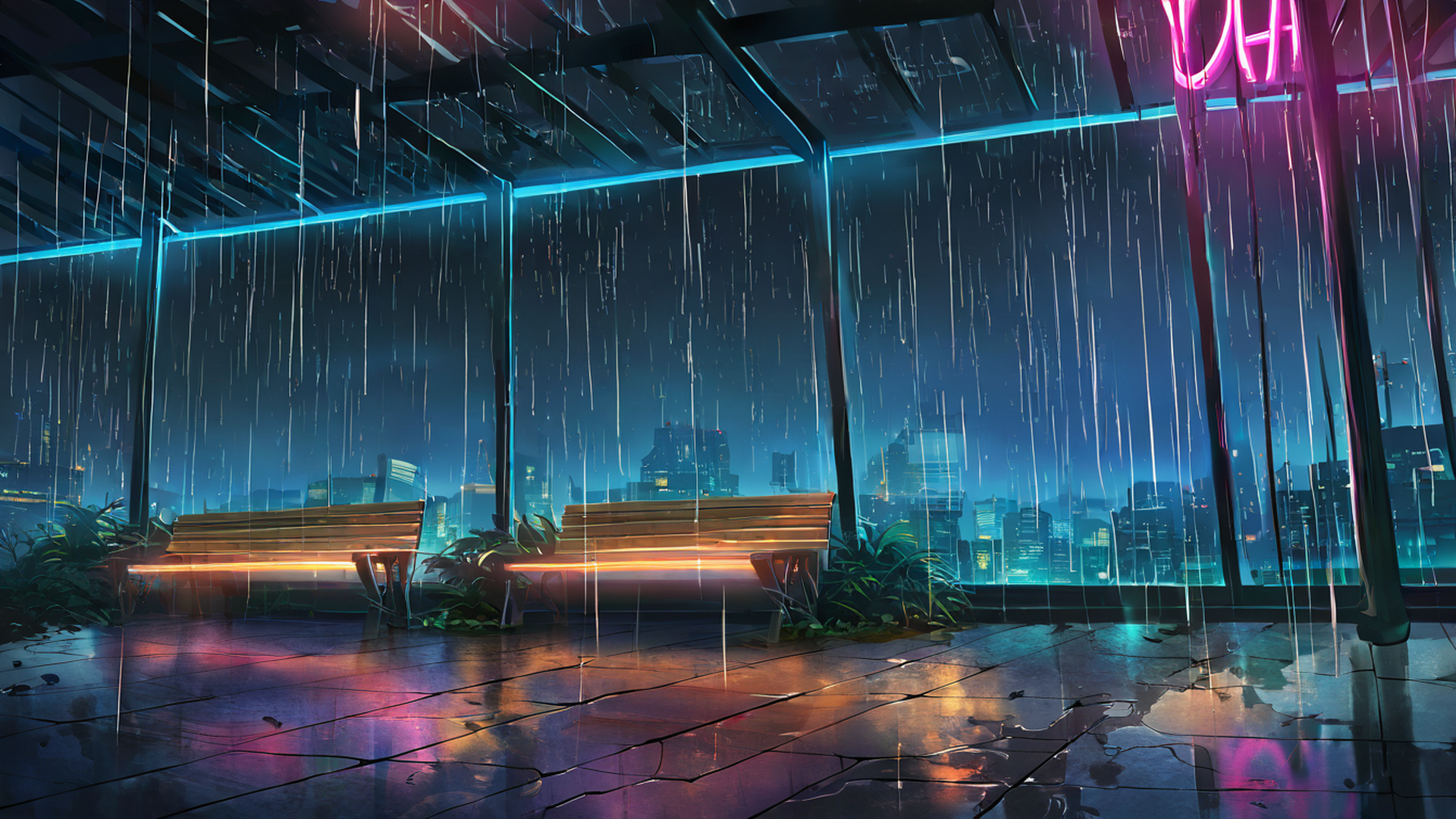 cyberpunk garden lofi wallpaper