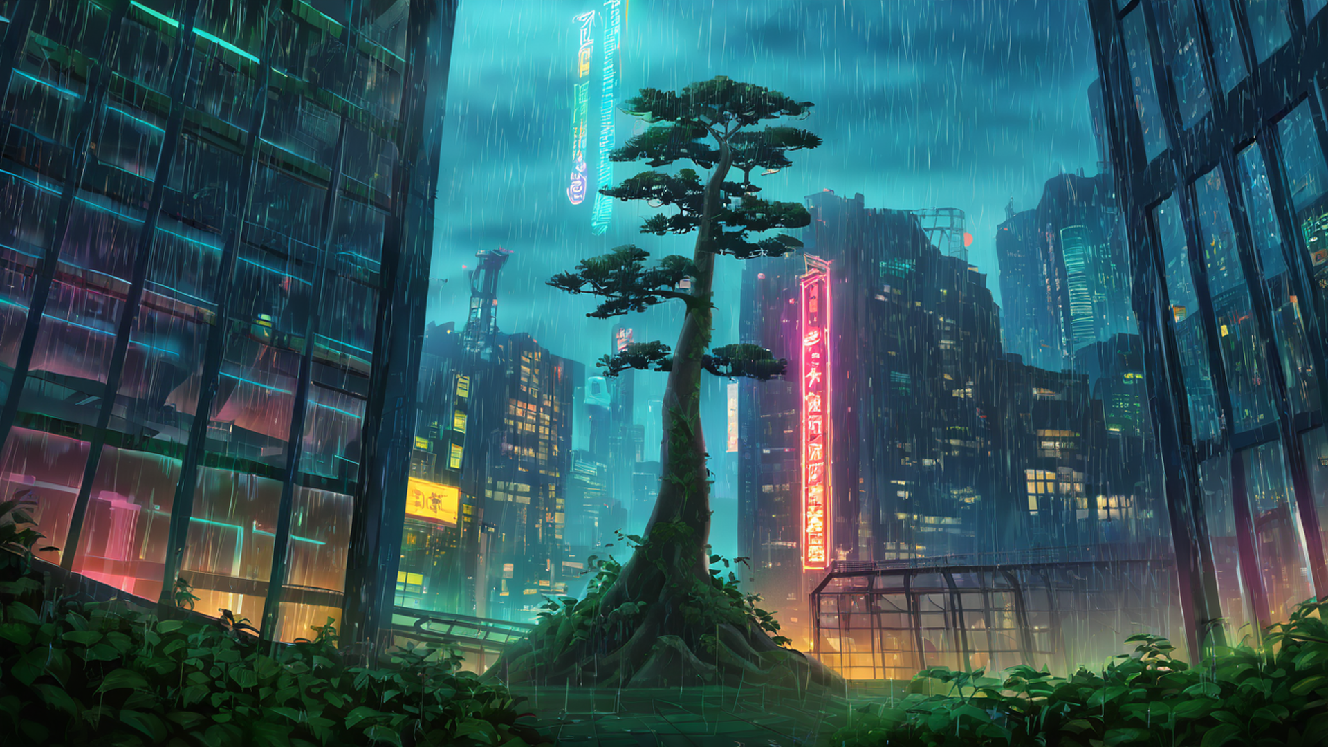 cyberpunk garden lofi wallpaper