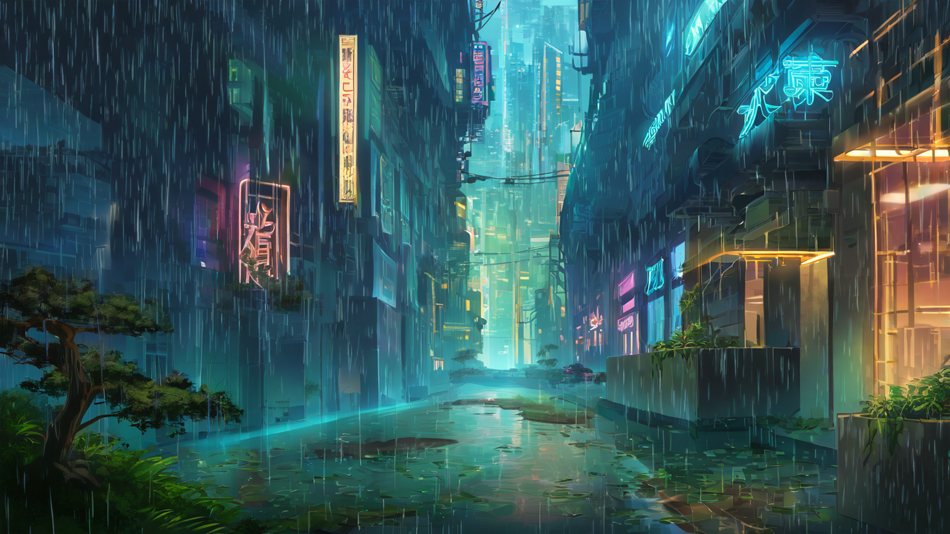 cyberpunk garden lofi wallpaper