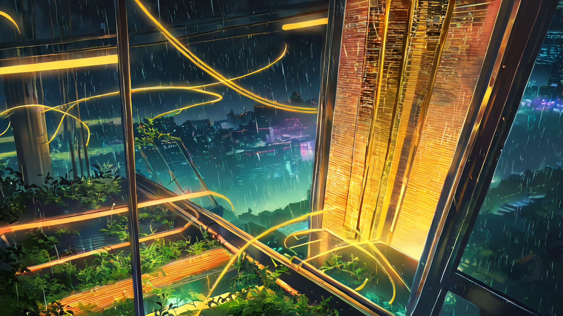 cyberpunk garden lofi wallpaper