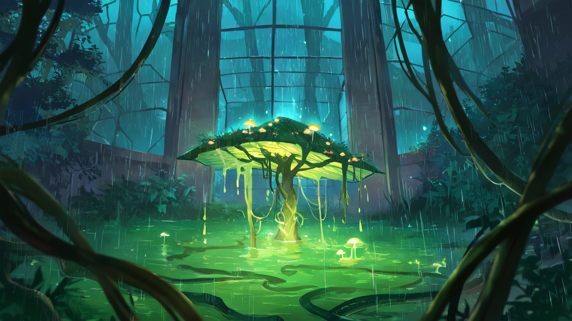 cyberpunk garden lofi wallpaper