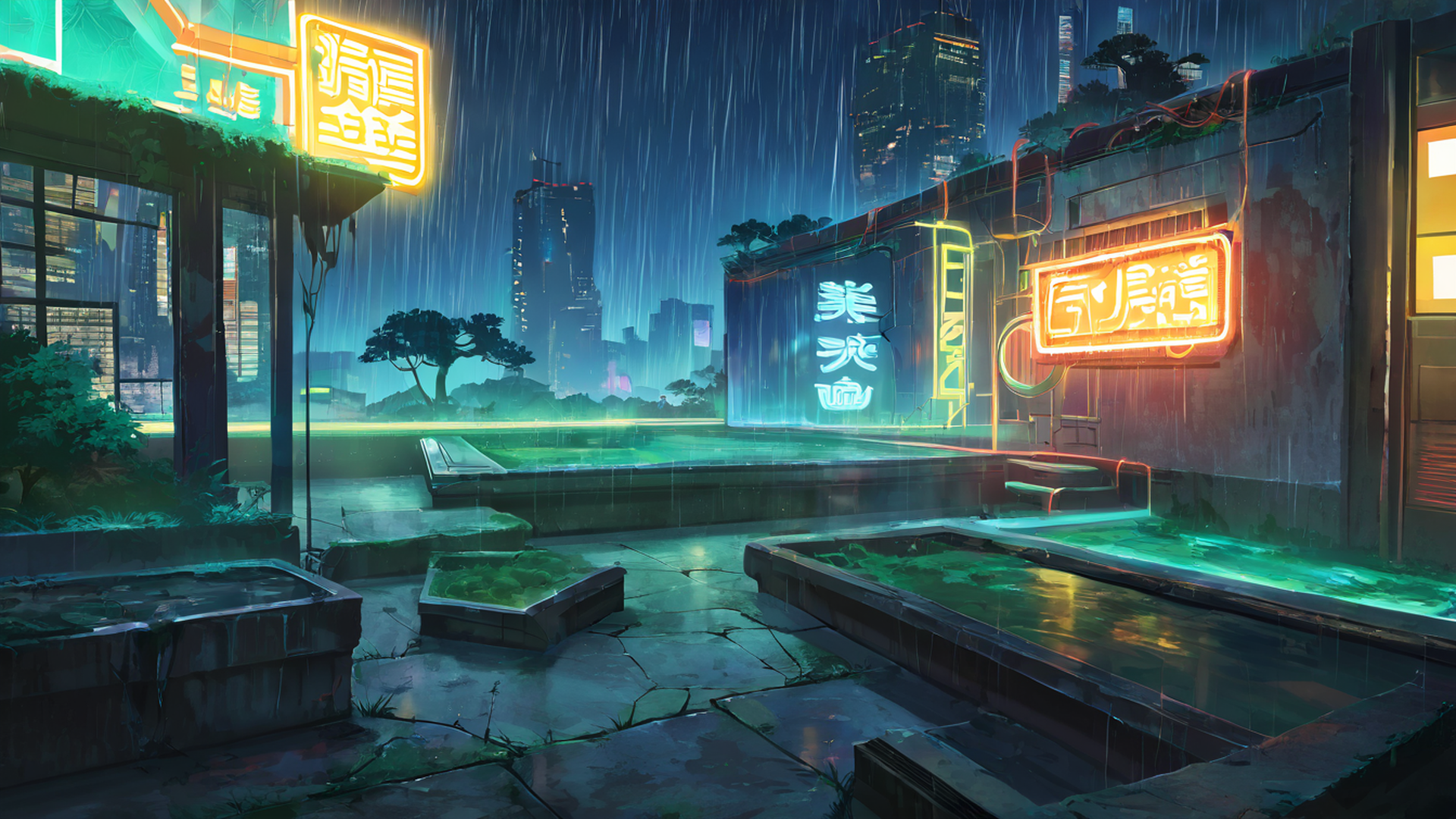 cyberpunk garden lofi wallpaper