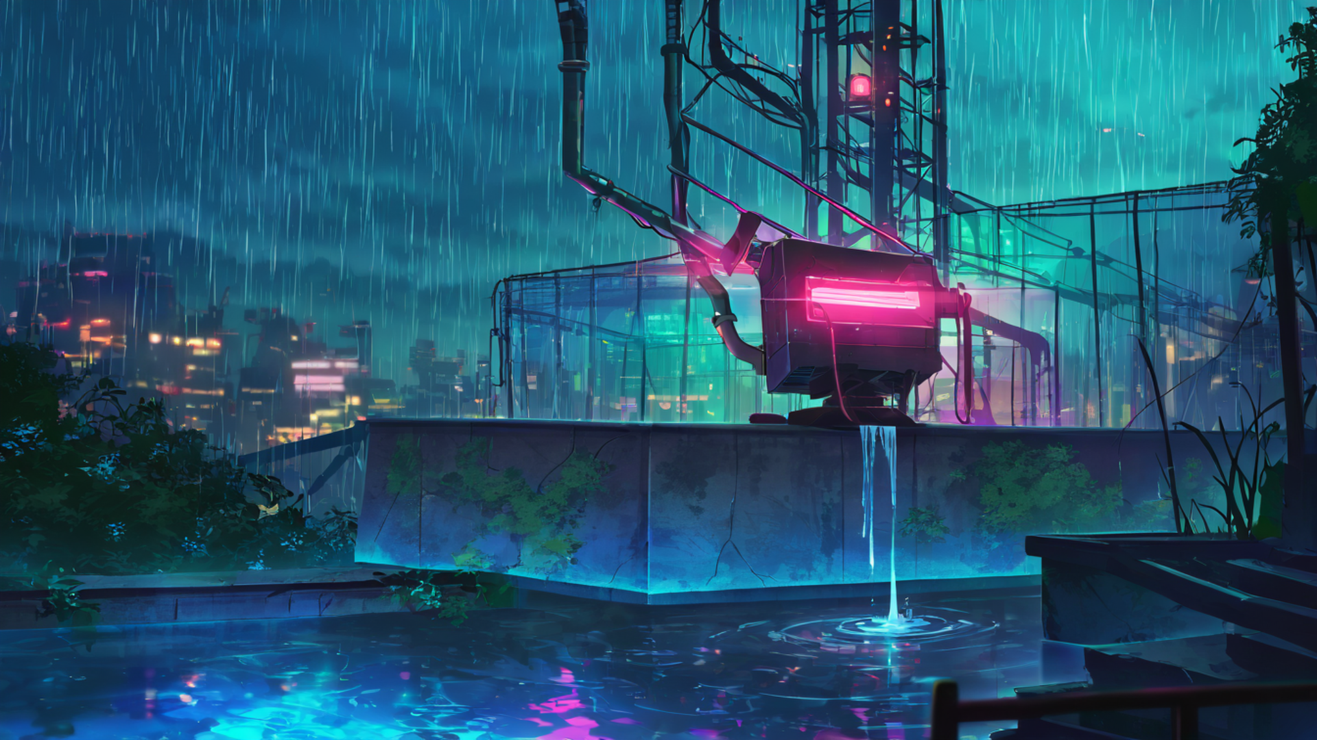 cyberpunk garden lofi wallpaper