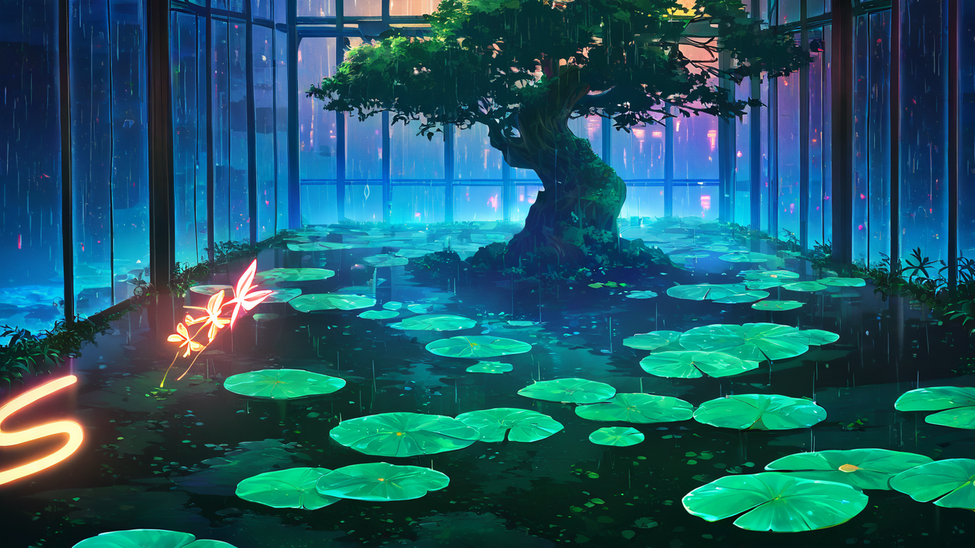 cyberpunk garden lofi wallpaper