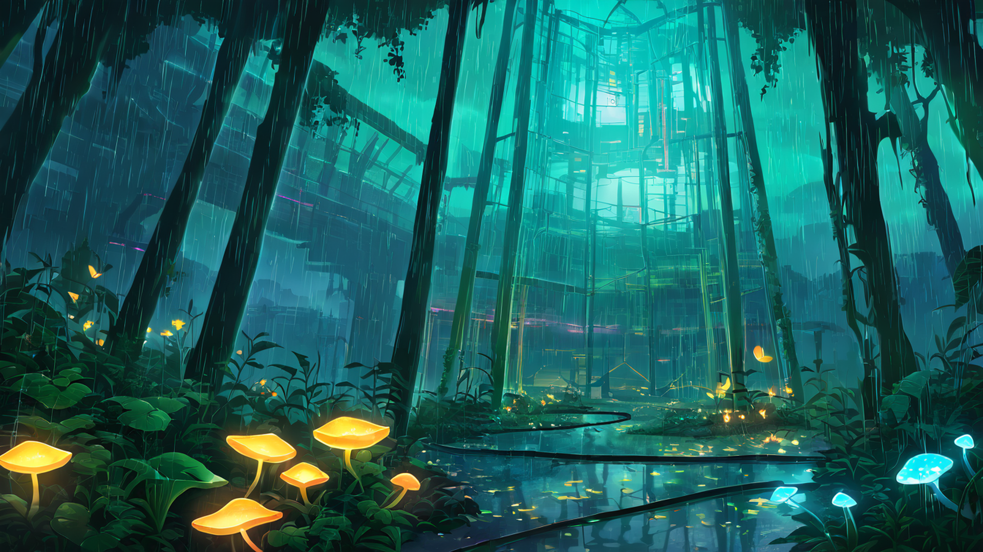 cyberpunk garden lofi wallpaper