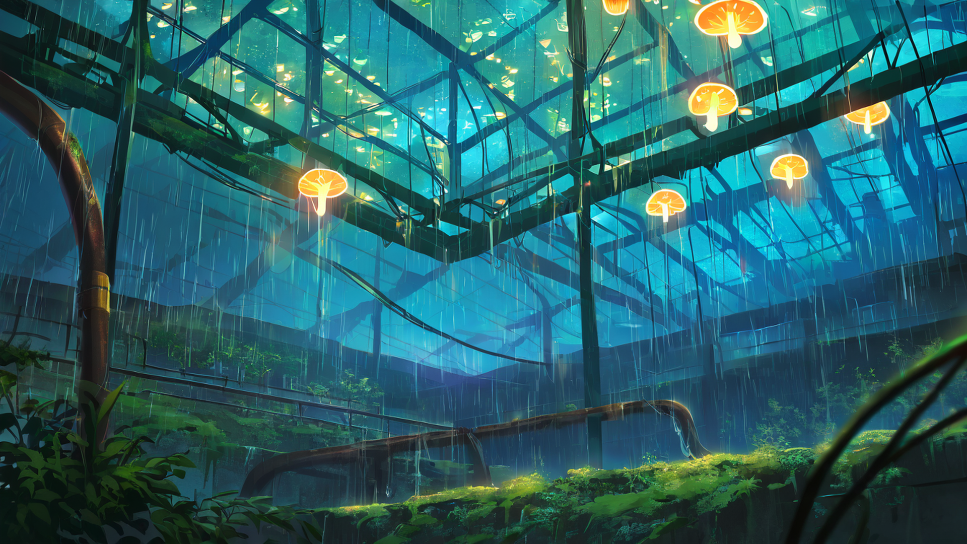 cyberpunk garden lofi wallpaper