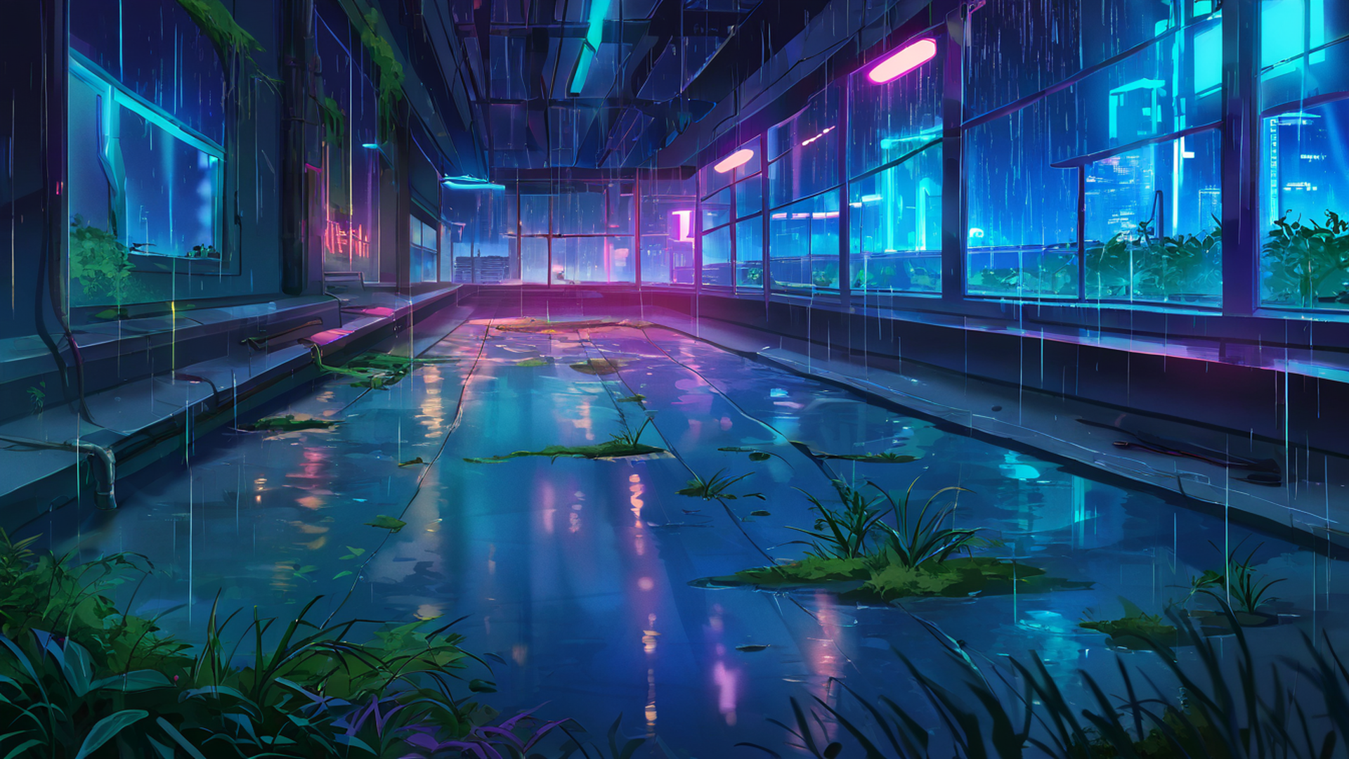 cyberpunk garden lofi wallpaper