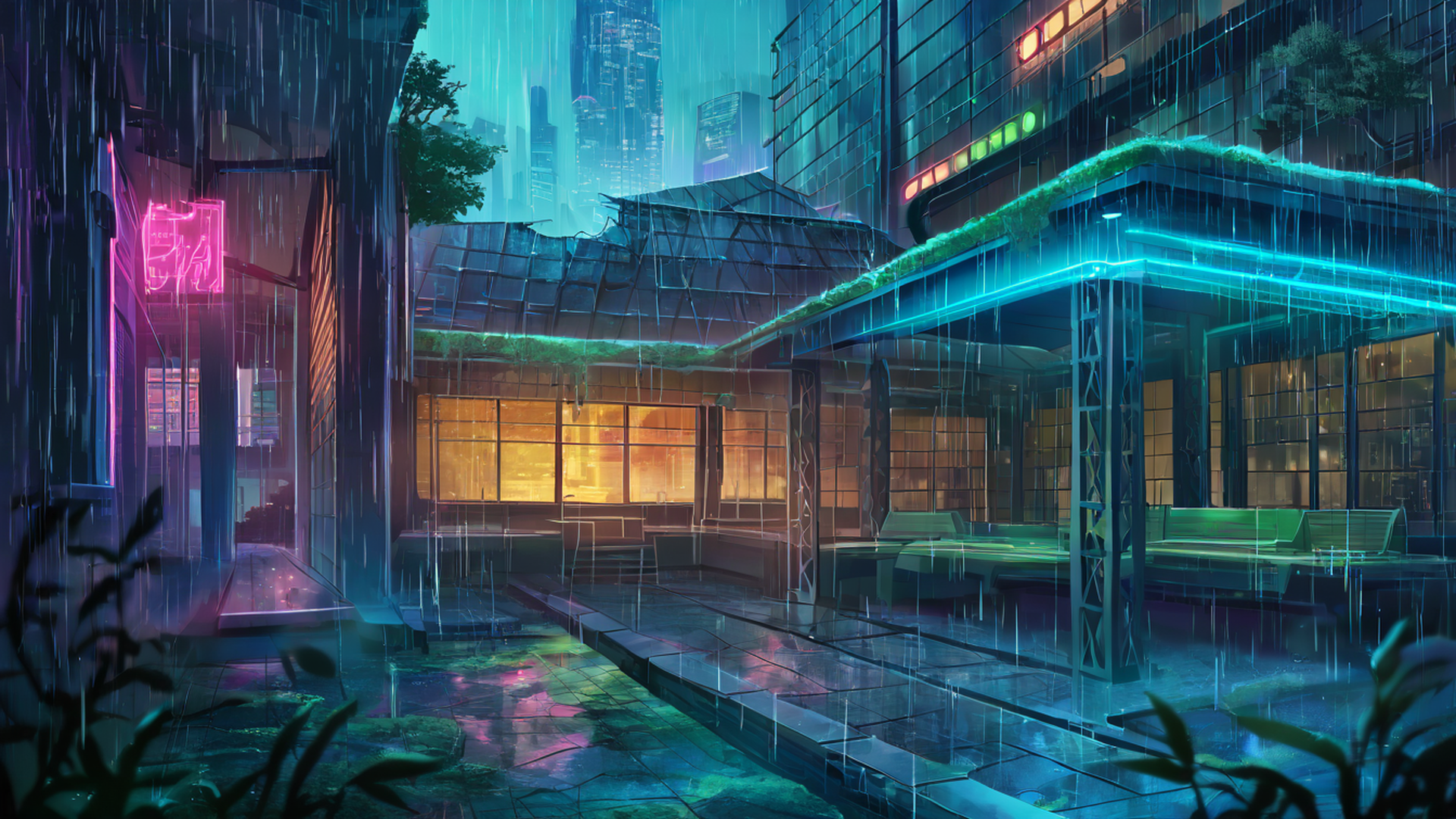 cyberpunk garden lofi wallpaper