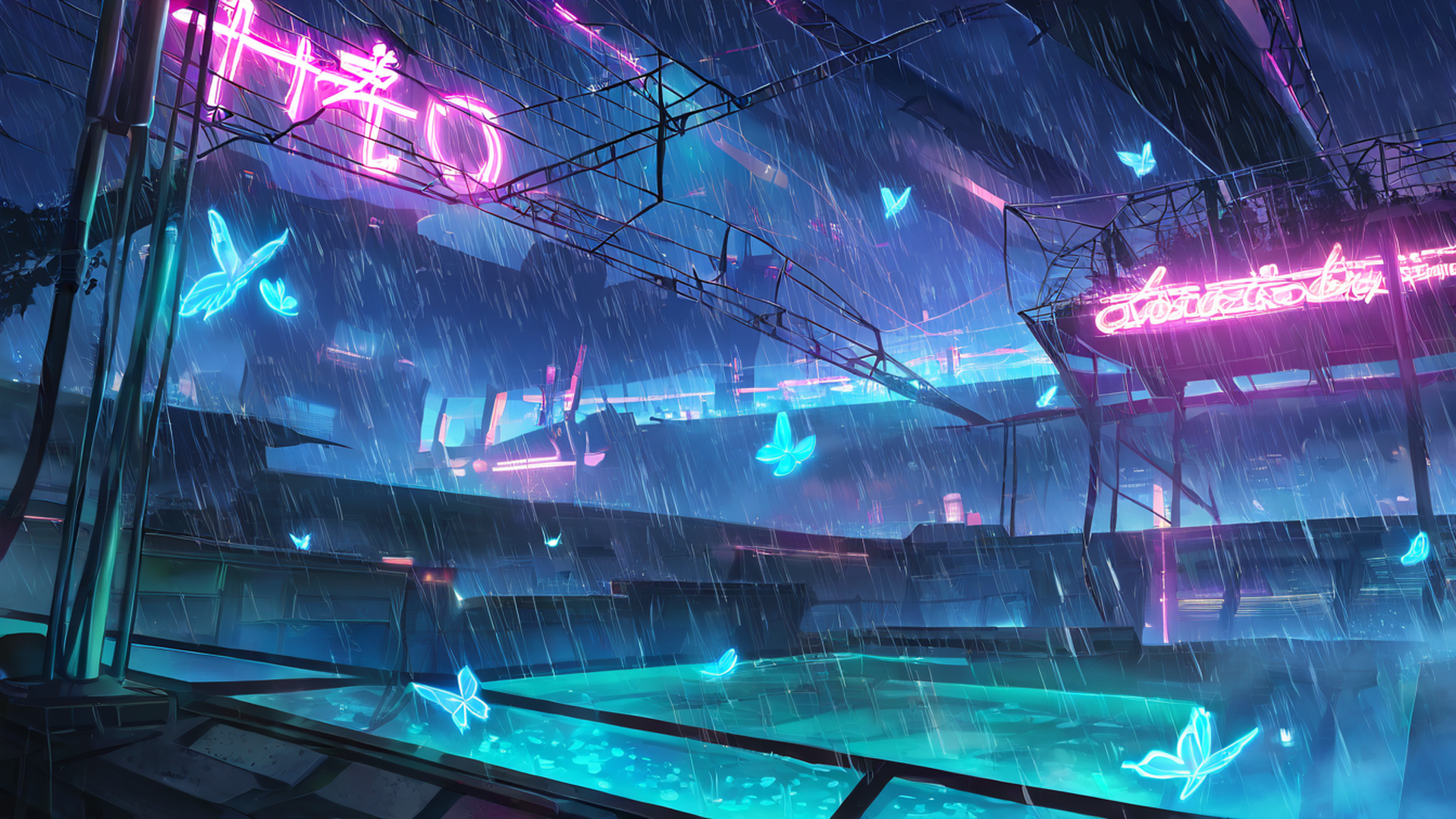 cyberpunk garden lofi wallpaper