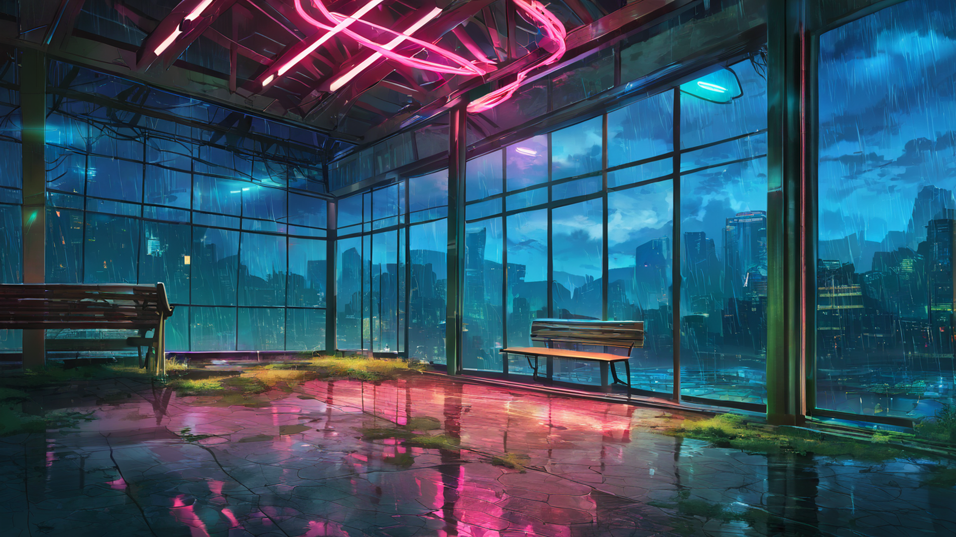 cyberpunk garden lofi wallpaper