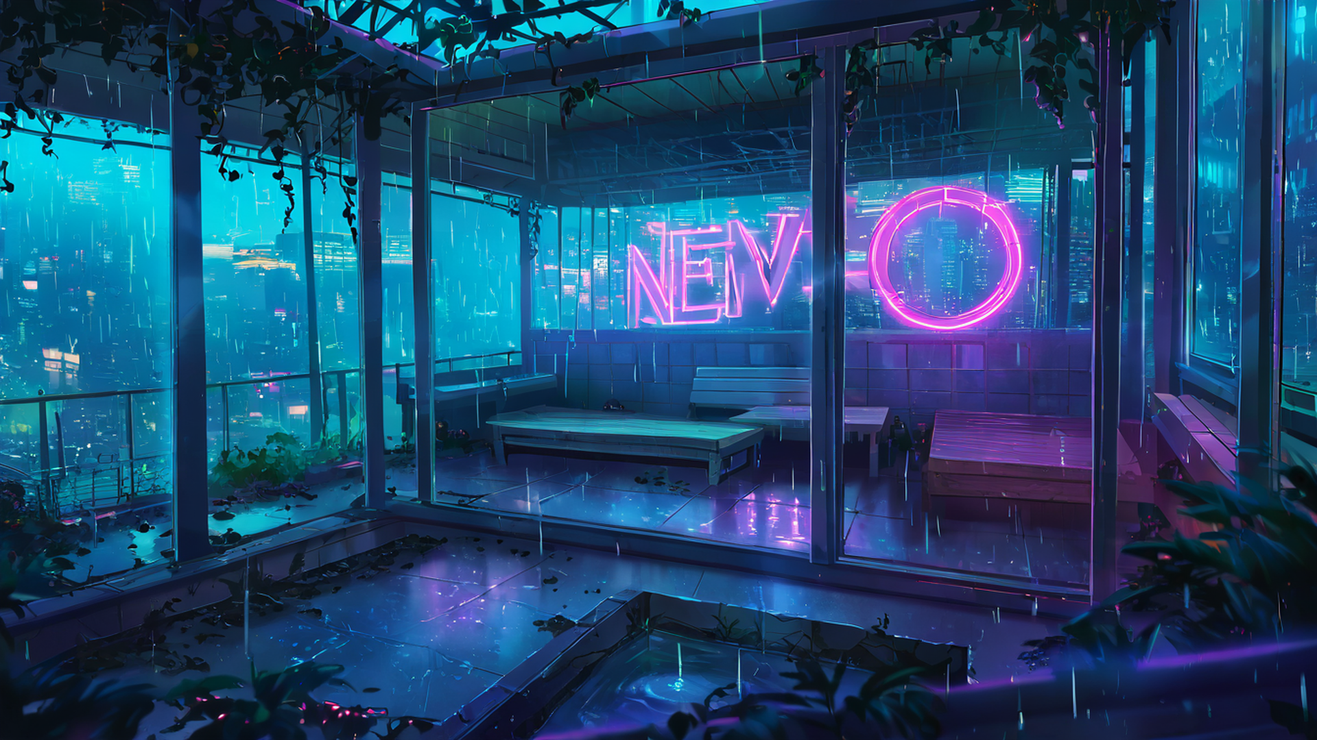 cyberpunk garden lofi wallpaper