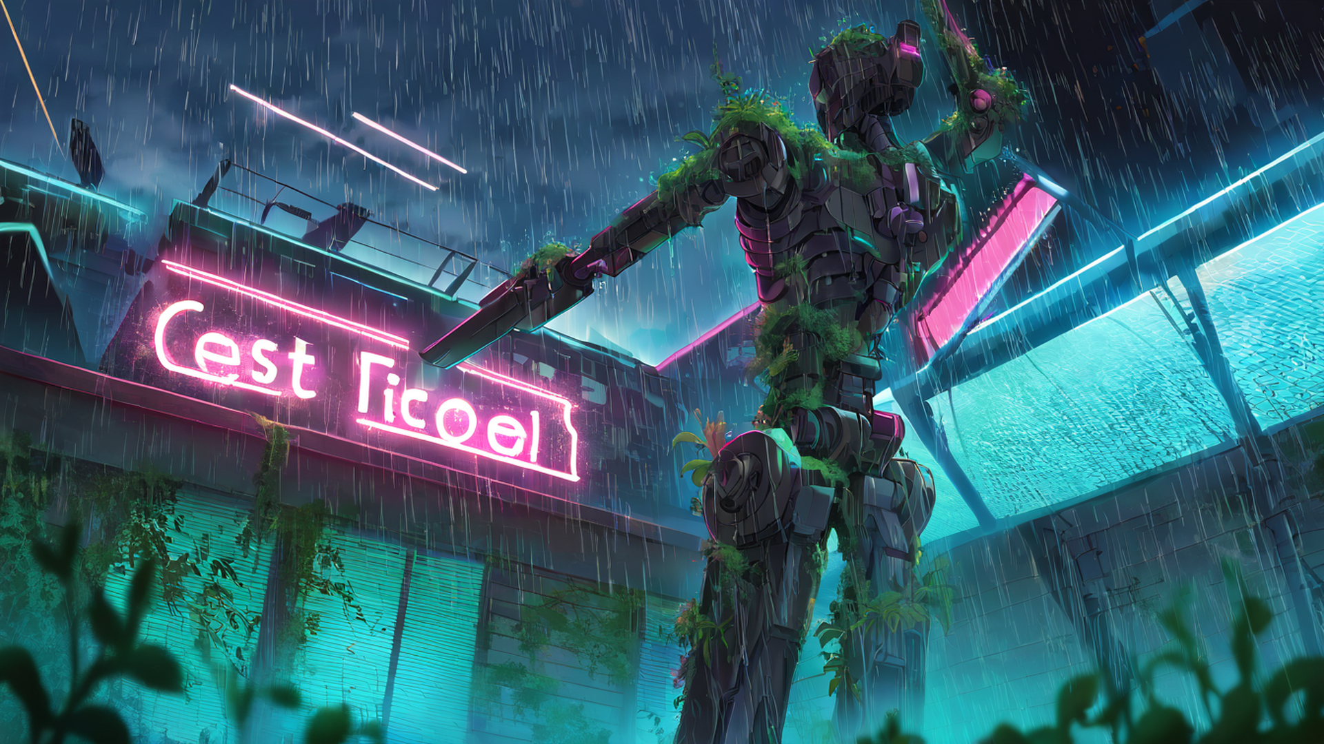 cyberpunk garden lofi wallpaper