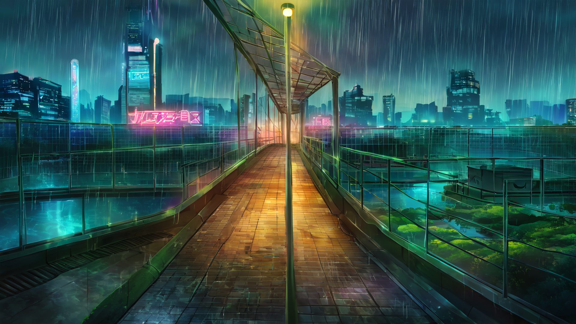 cyberpunk garden lofi wallpaper