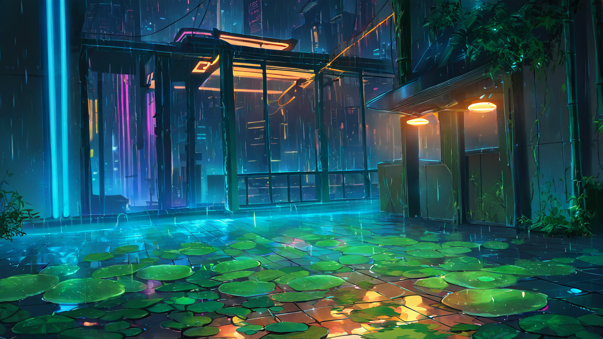 cyberpunk garden lofi wallpaper