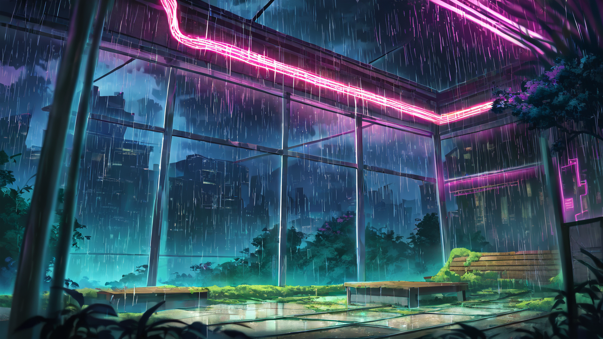 cyberpunk garden lofi wallpaper
