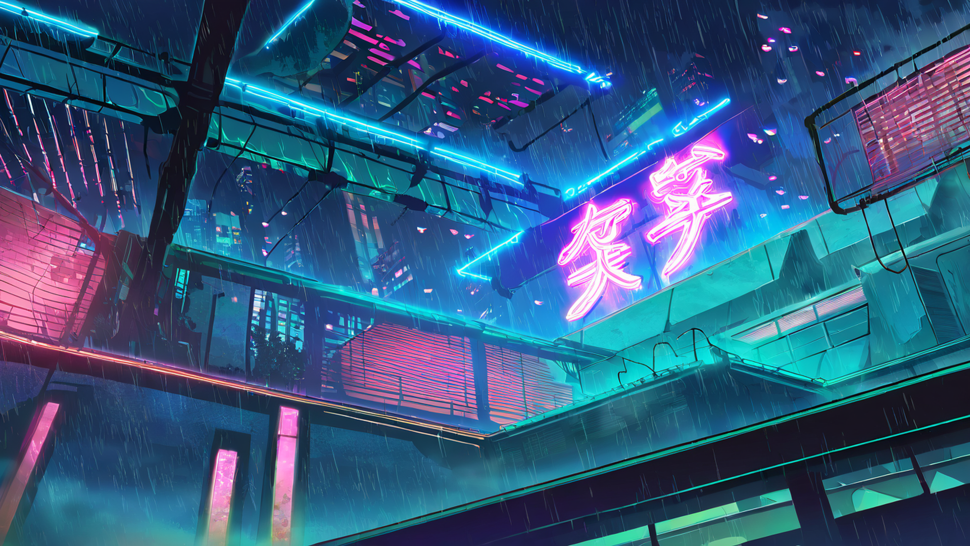 cyberpunk garden lofi wallpaper