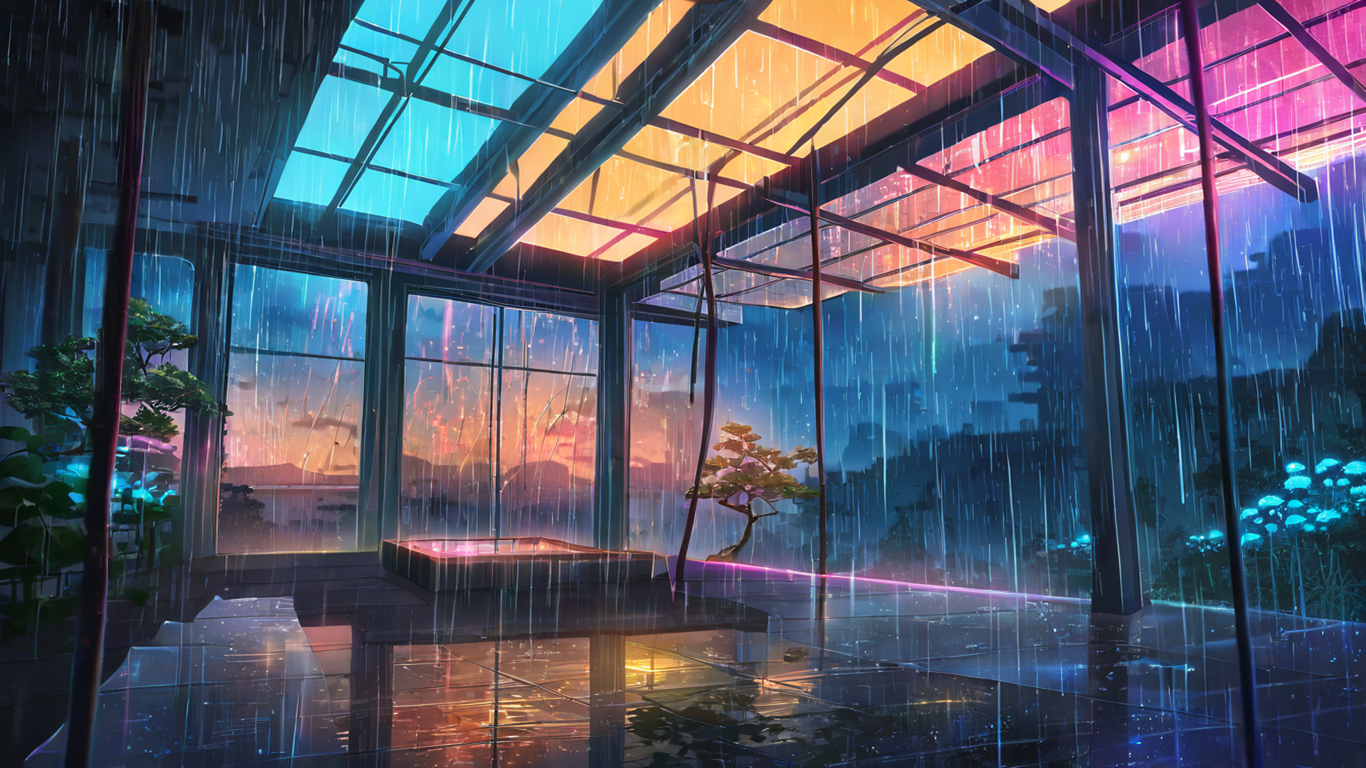 cyberpunk garden lofi wallpaper