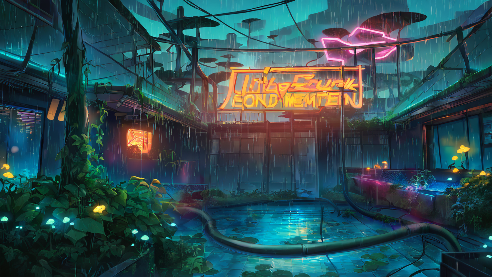 cyberpunk garden lofi wallpaper