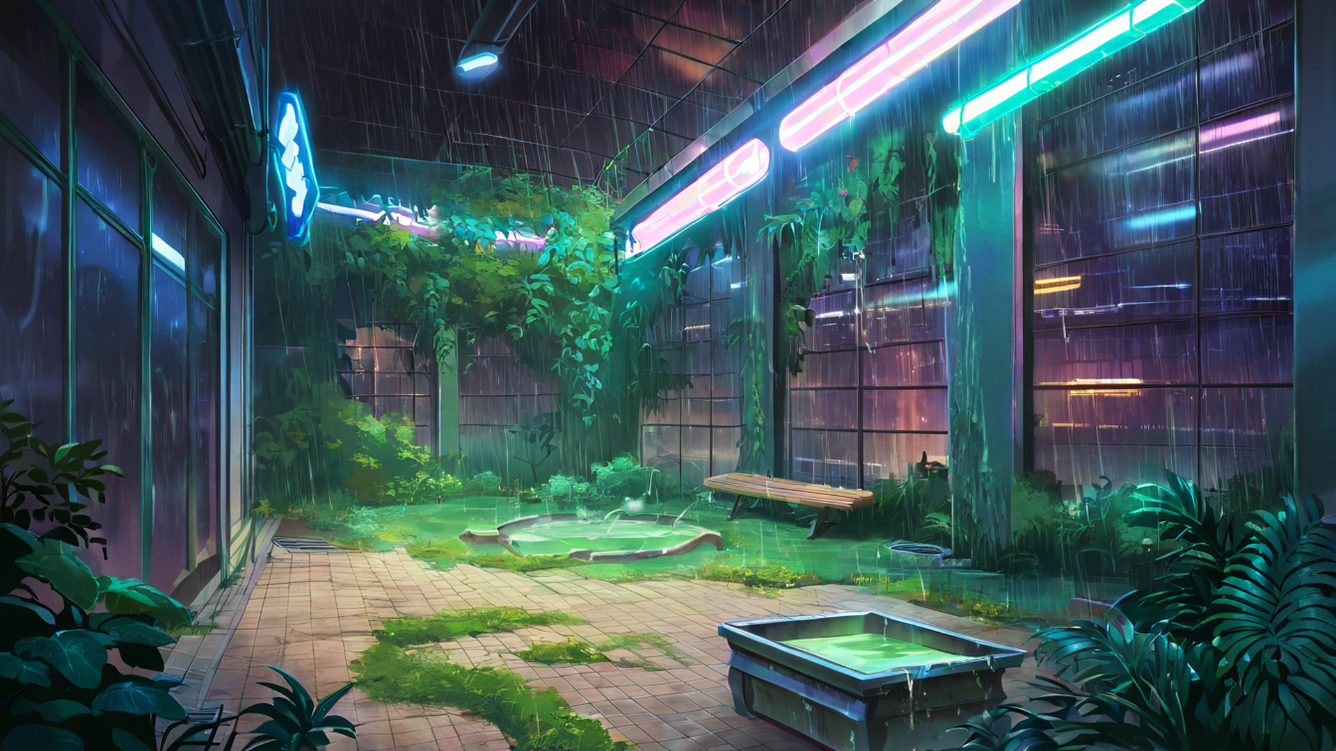 cyberpunk garden lofi wallpaper