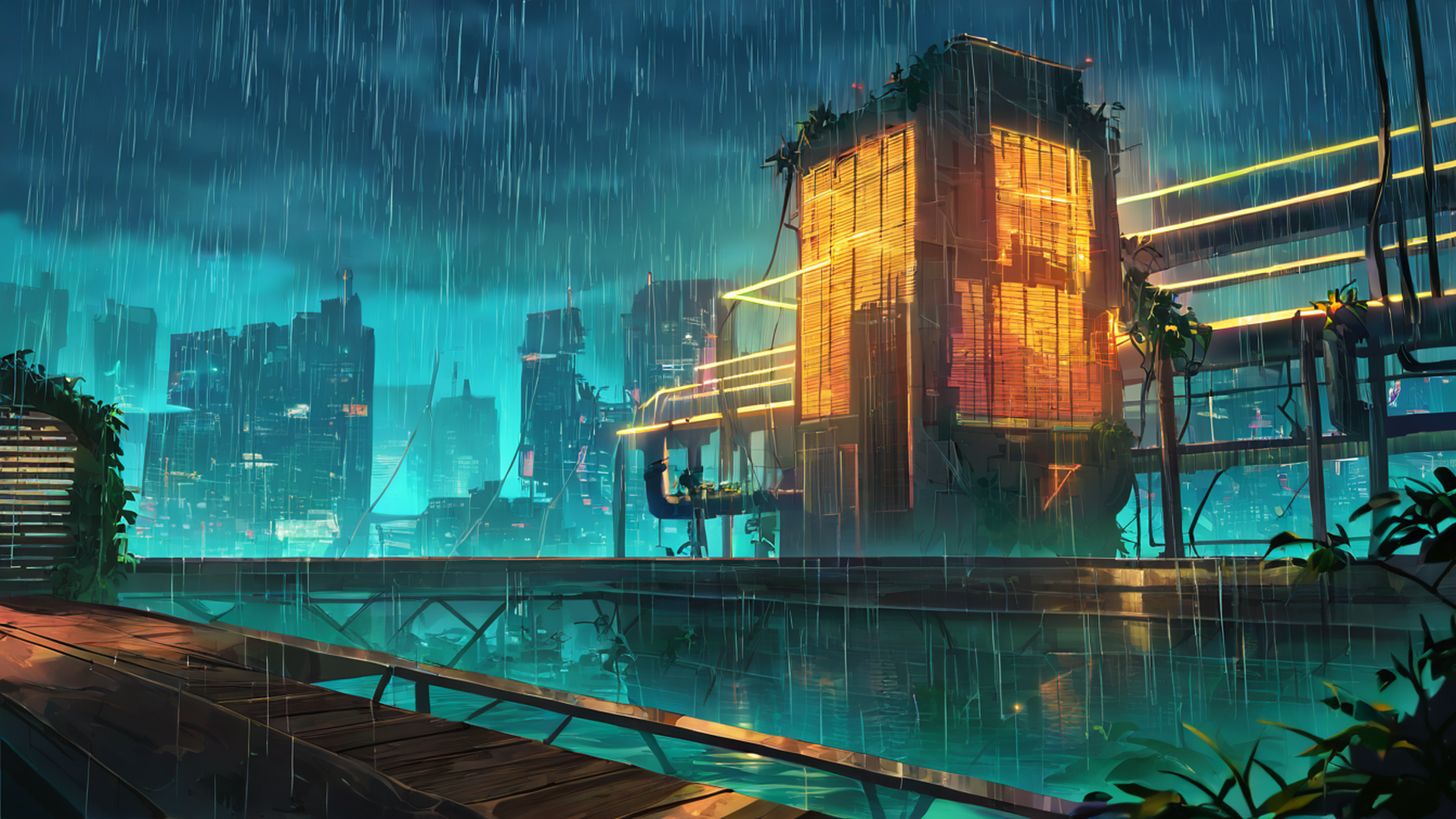 cyberpunk garden lofi wallpaper