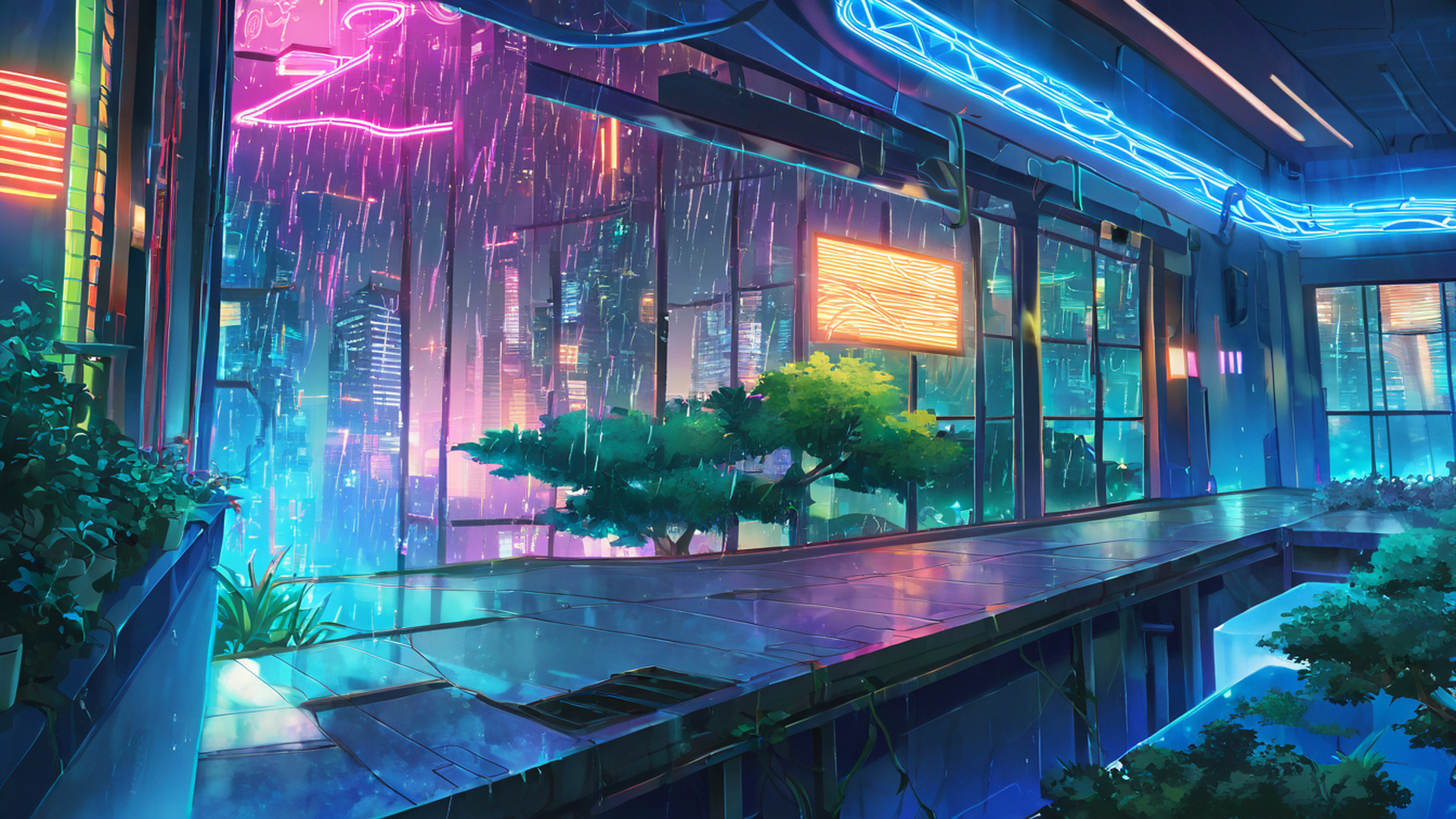 cyberpunk garden lofi wallpaper