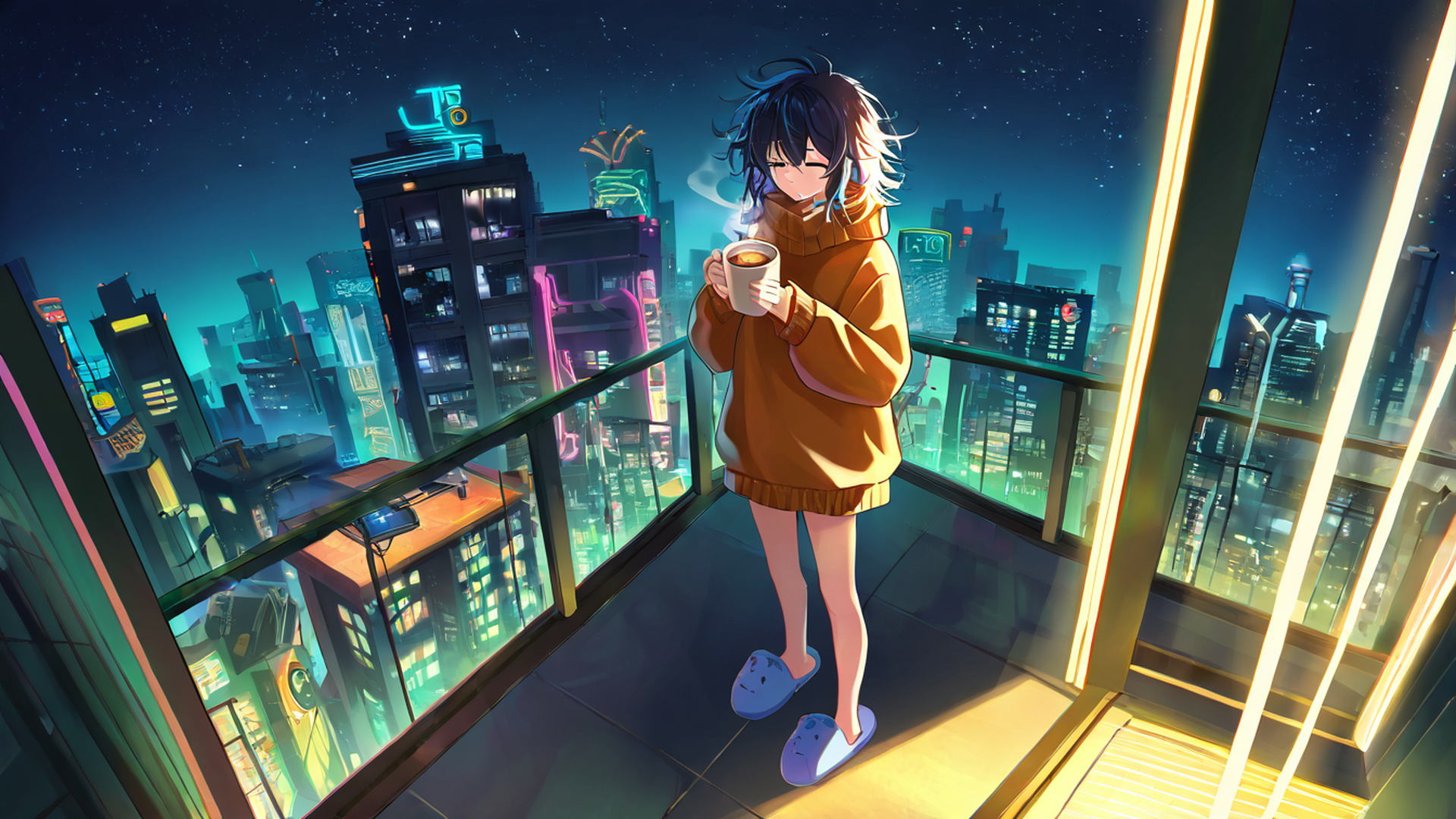 cyberpunk girl balcony lofi wallpaper