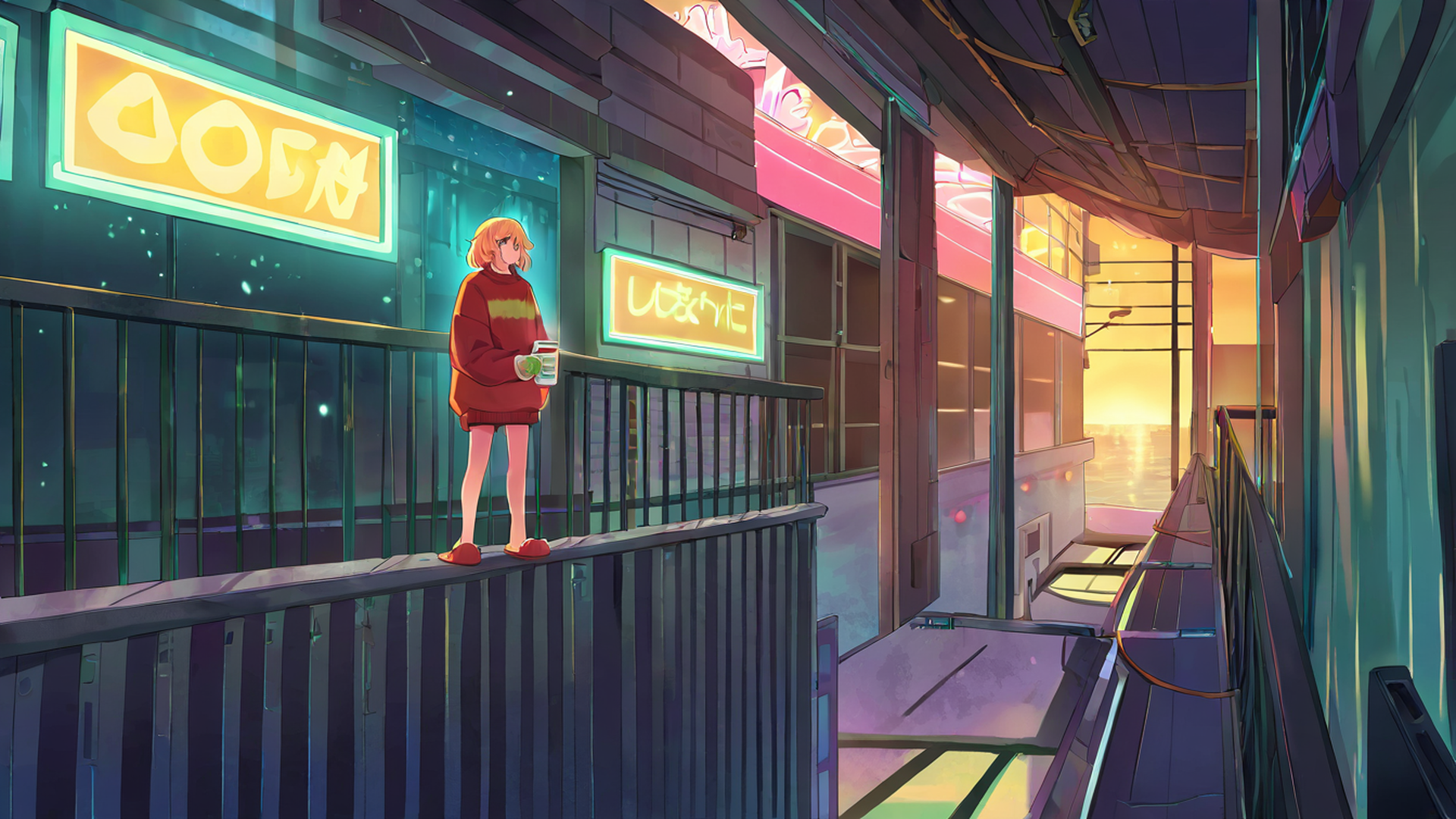 cyberpunk girl balcony lofi wallpaper