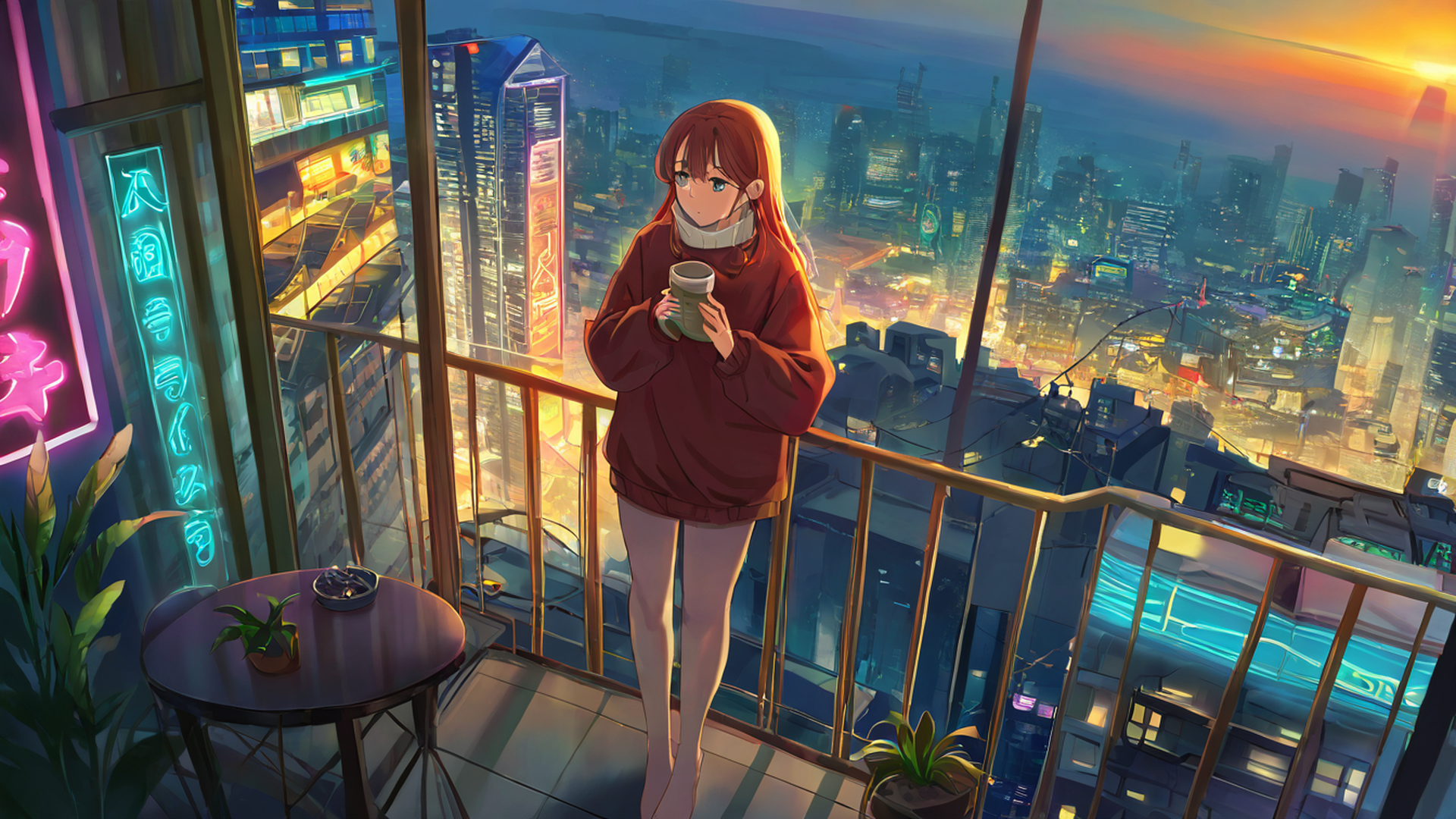 cyberpunk girl balcony lofi wallpaper