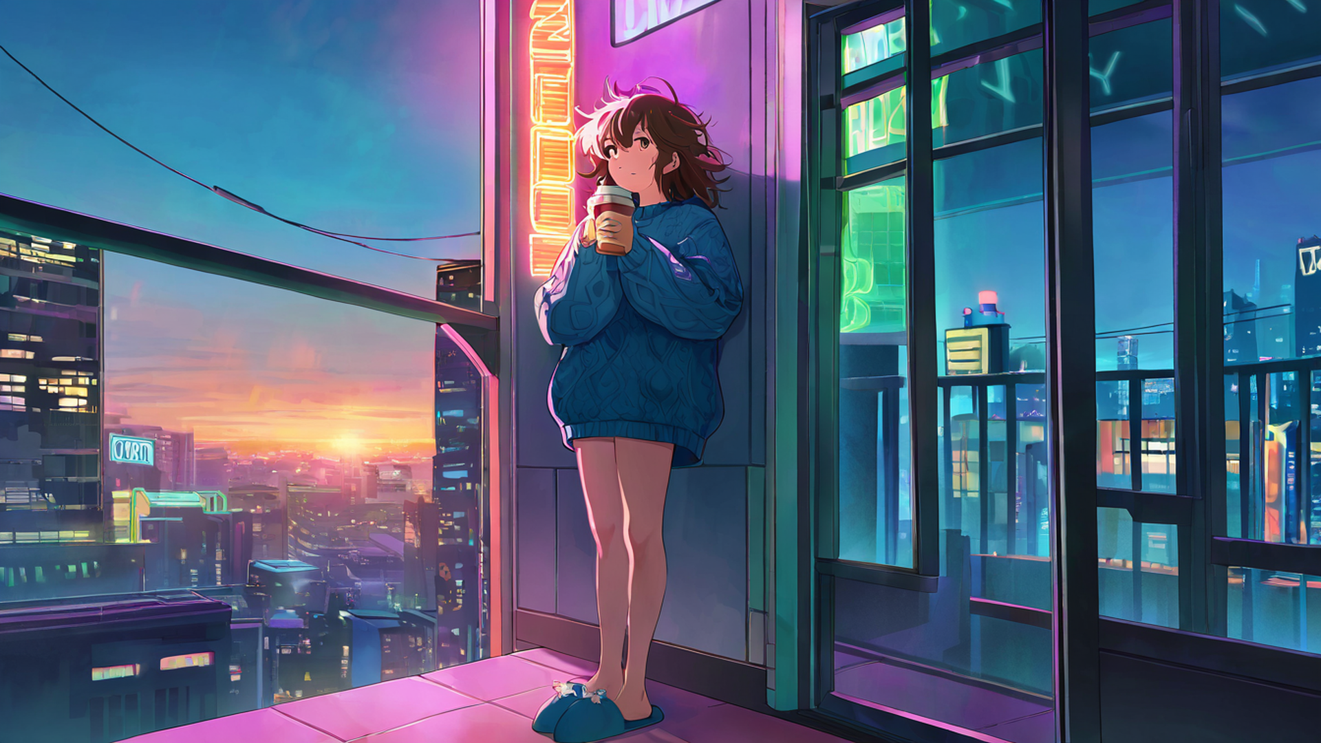 cyberpunk girl balcony lofi wallpaper