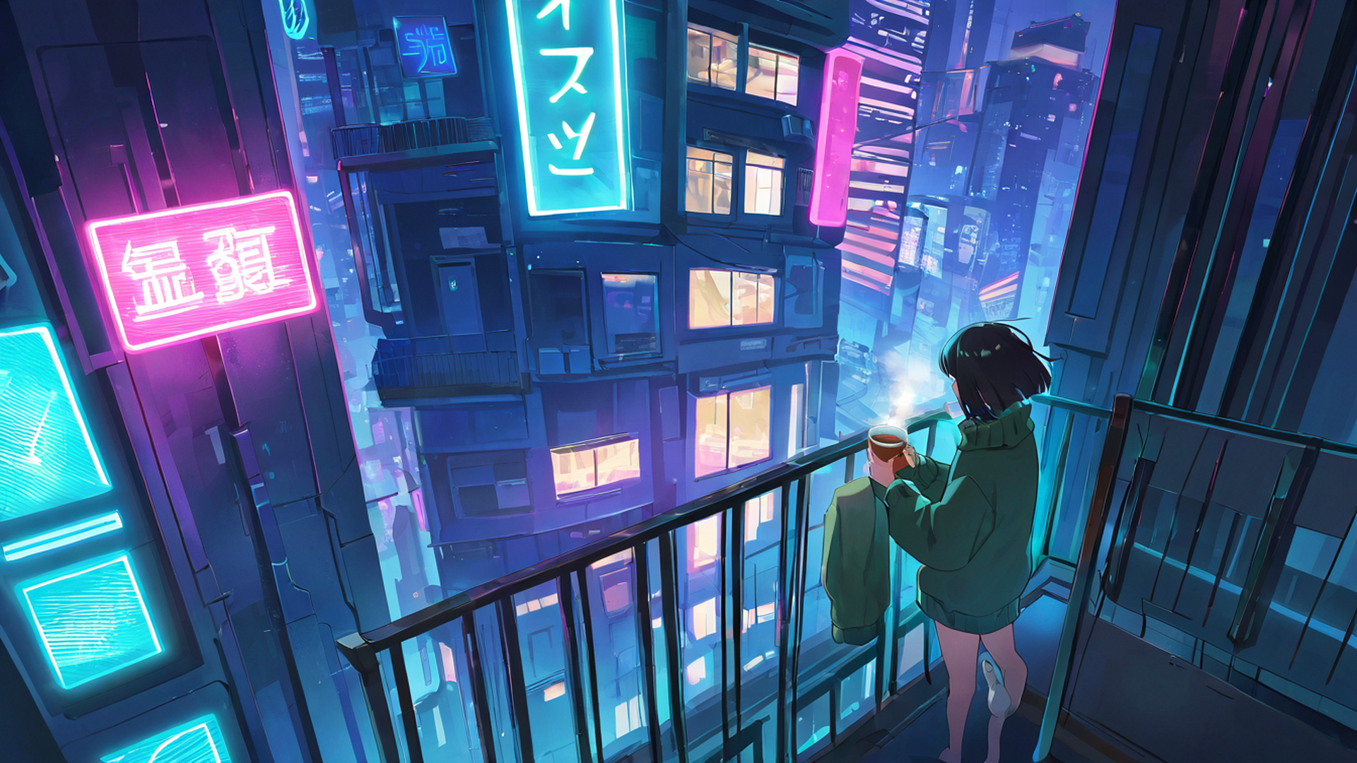 cyberpunk girl balcony lofi wallpaper