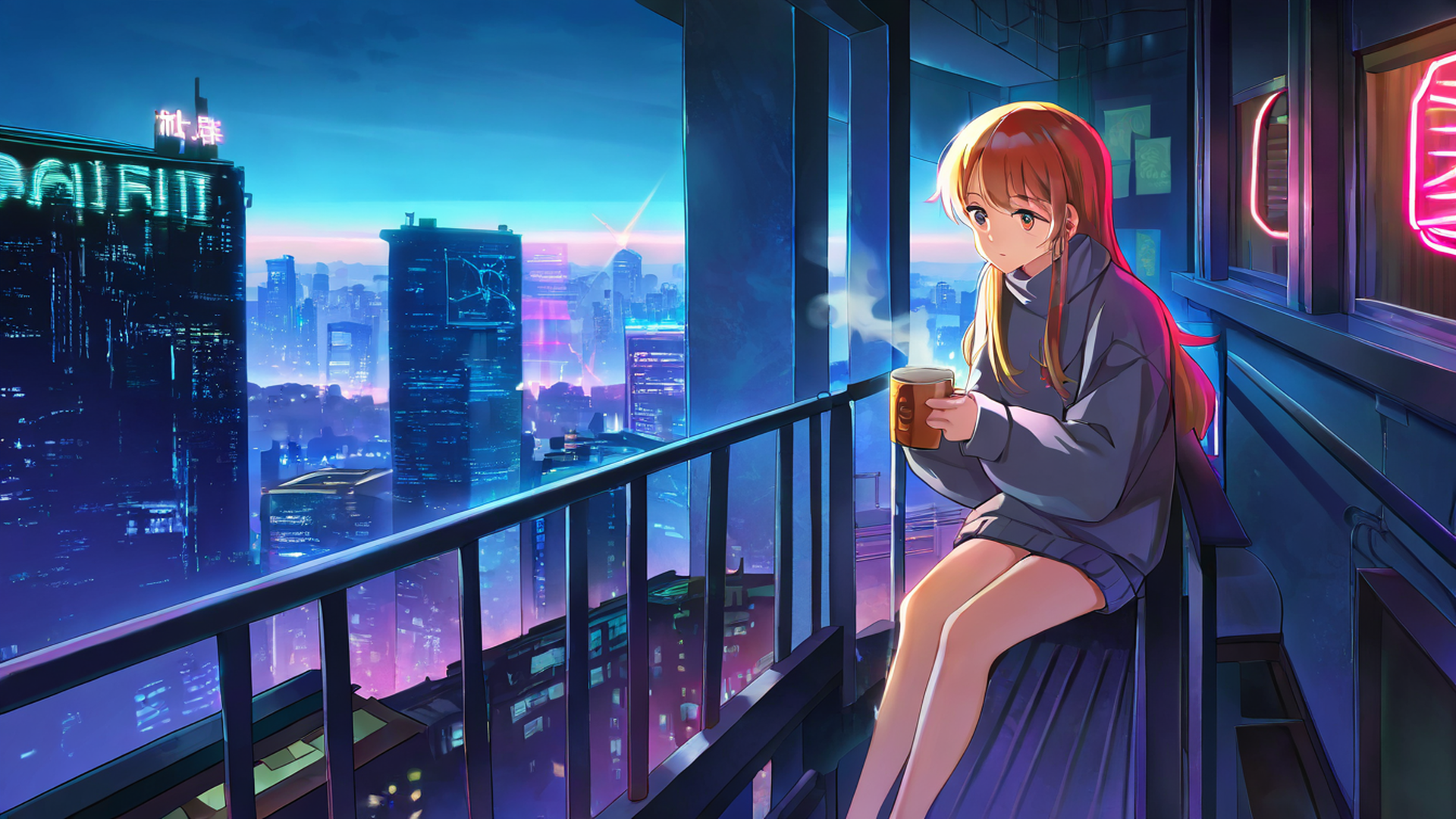 cyberpunk girl balcony lofi wallpaper