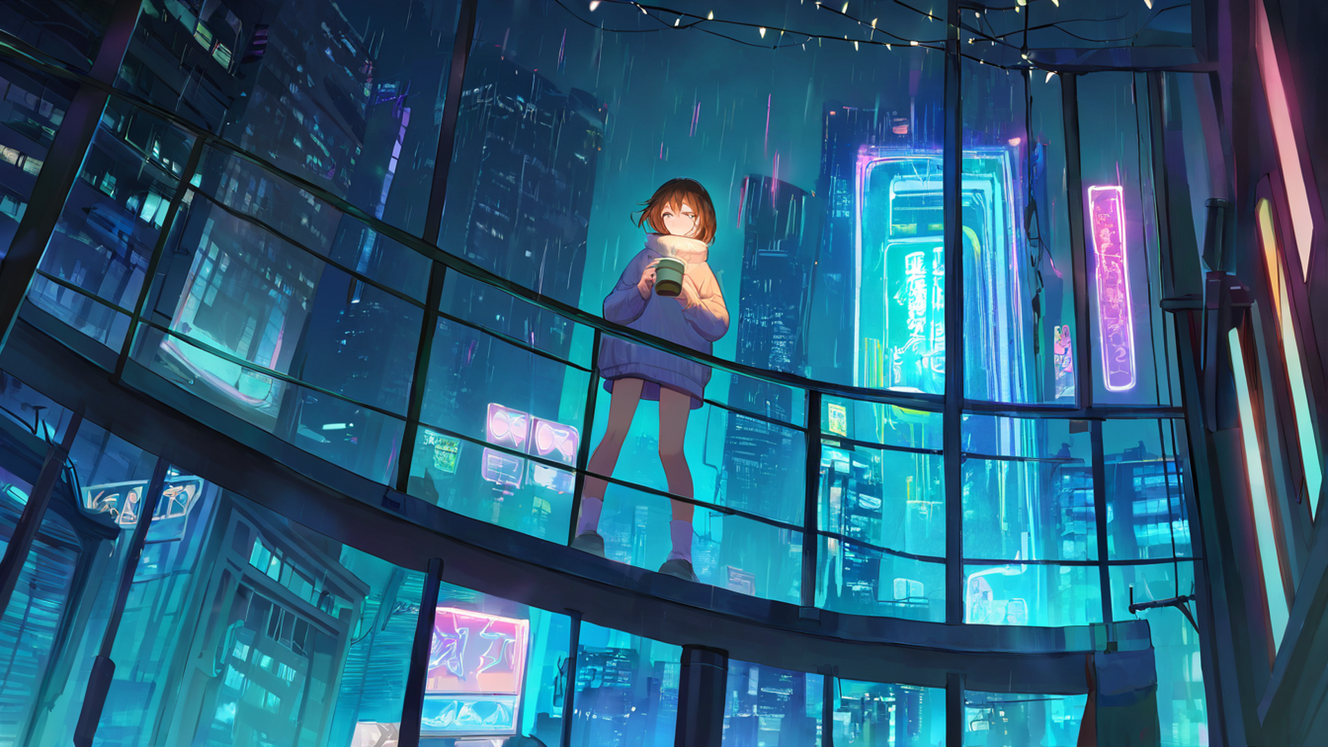 cyberpunk girl balcony lofi wallpaper