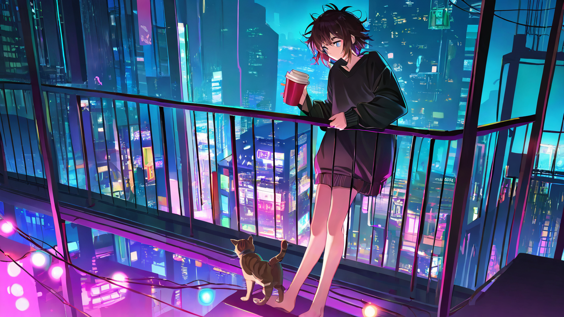 cyberpunk girl balcony lofi wallpaper