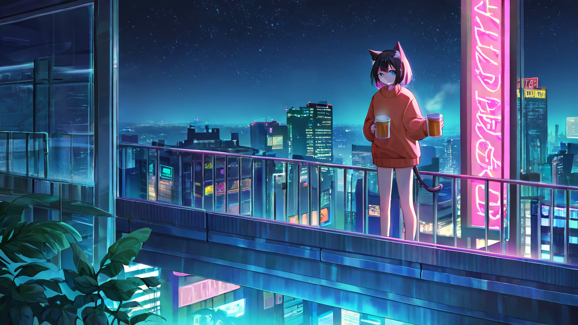cyberpunk girl balcony lofi wallpaper