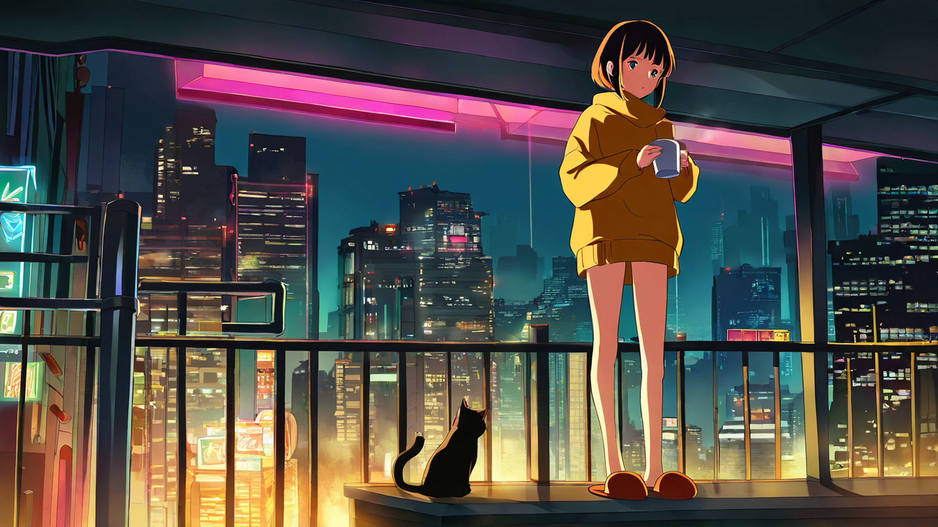 cyberpunk girl balcony lofi wallpaper