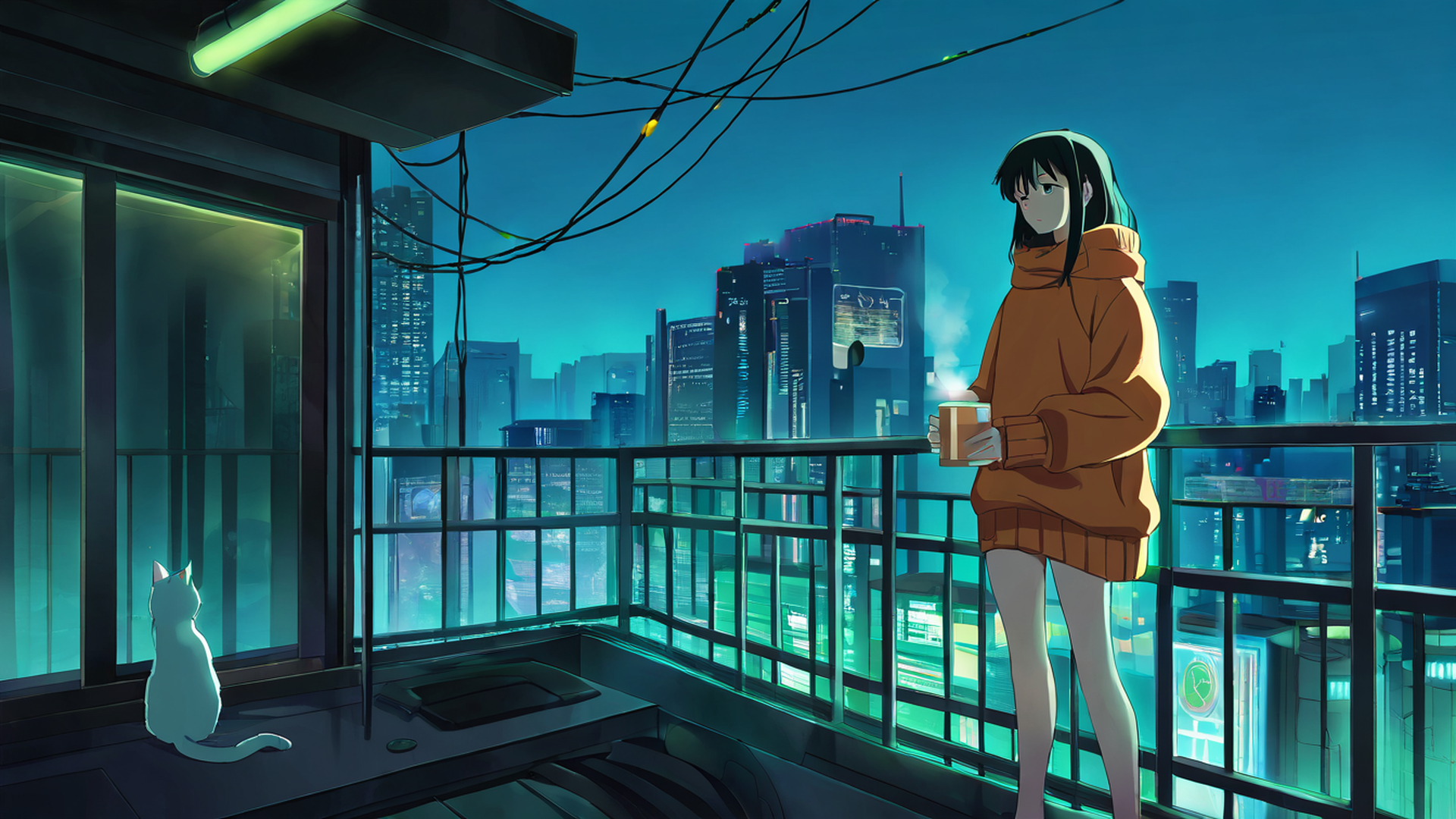 cyberpunk girl balcony lofi wallpaper