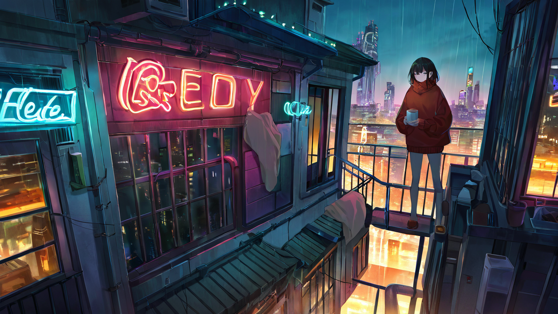 cyberpunk girl balcony lofi wallpaper