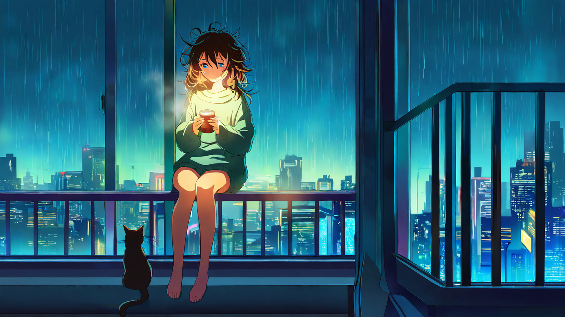 cyberpunk girl balcony lofi wallpaper