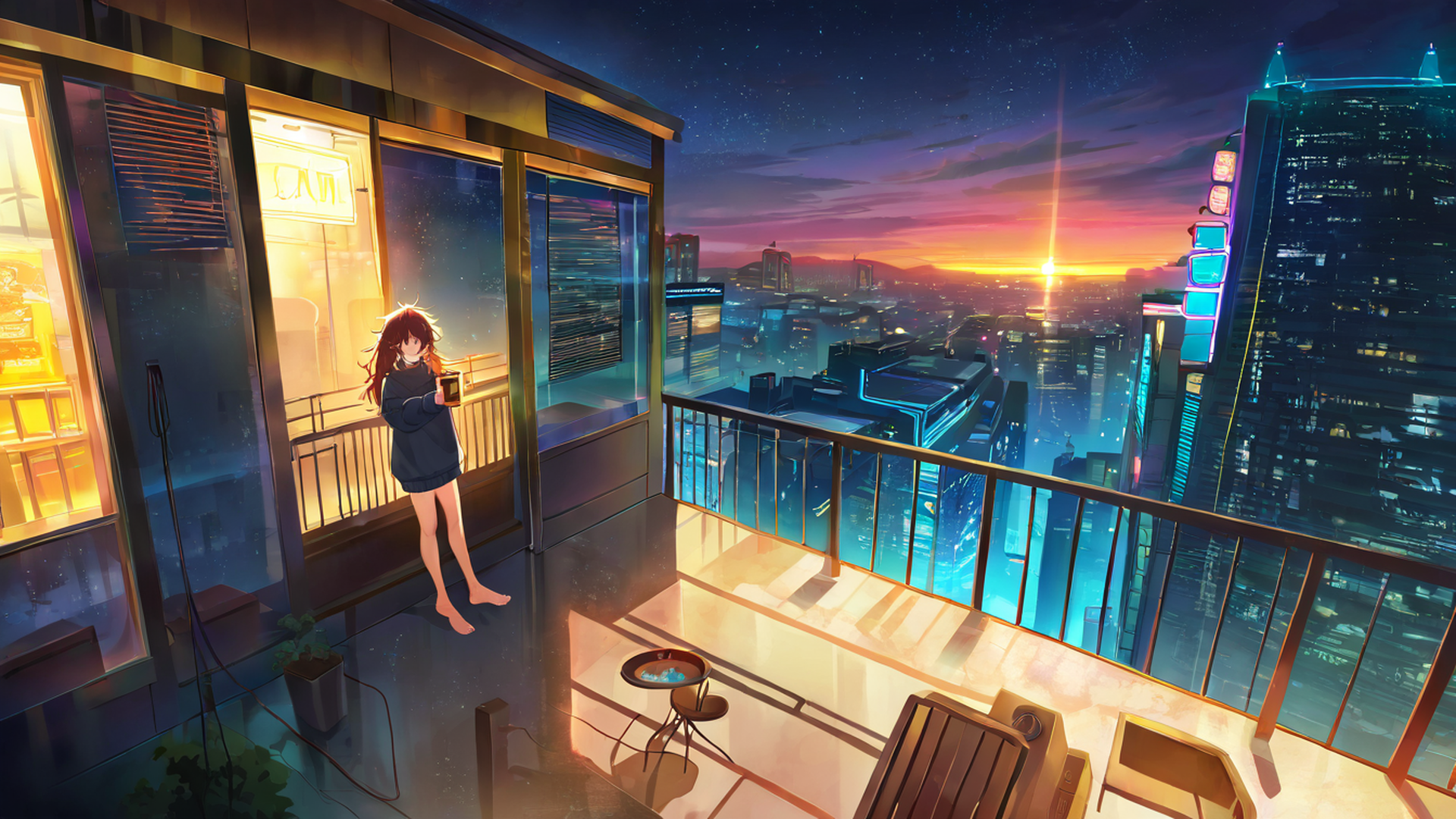 cyberpunk girl balcony lofi wallpaper