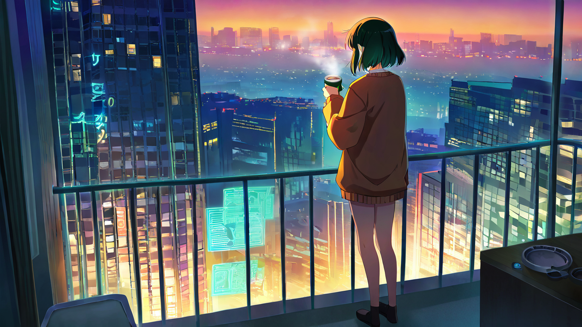 cyberpunk girl balcony lofi wallpaper