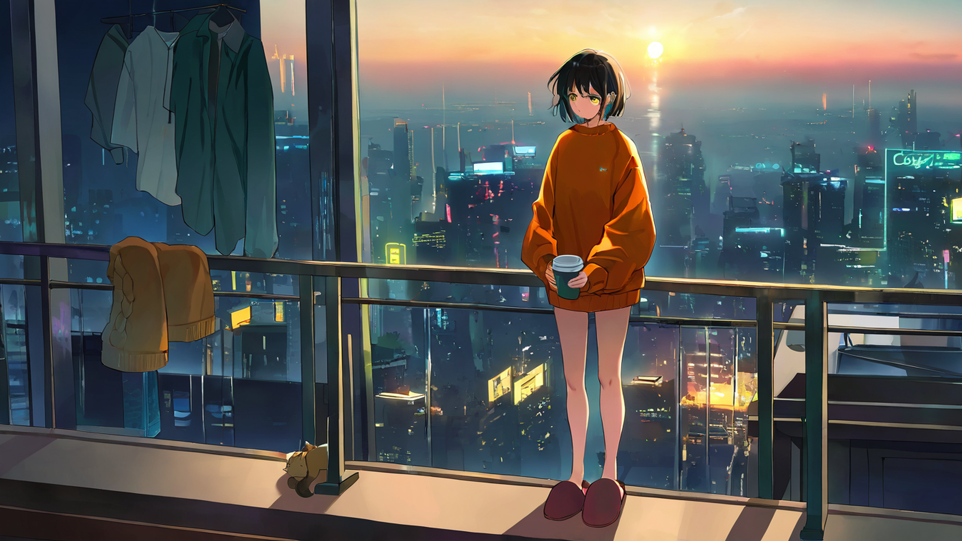cyberpunk girl balcony lofi wallpaper