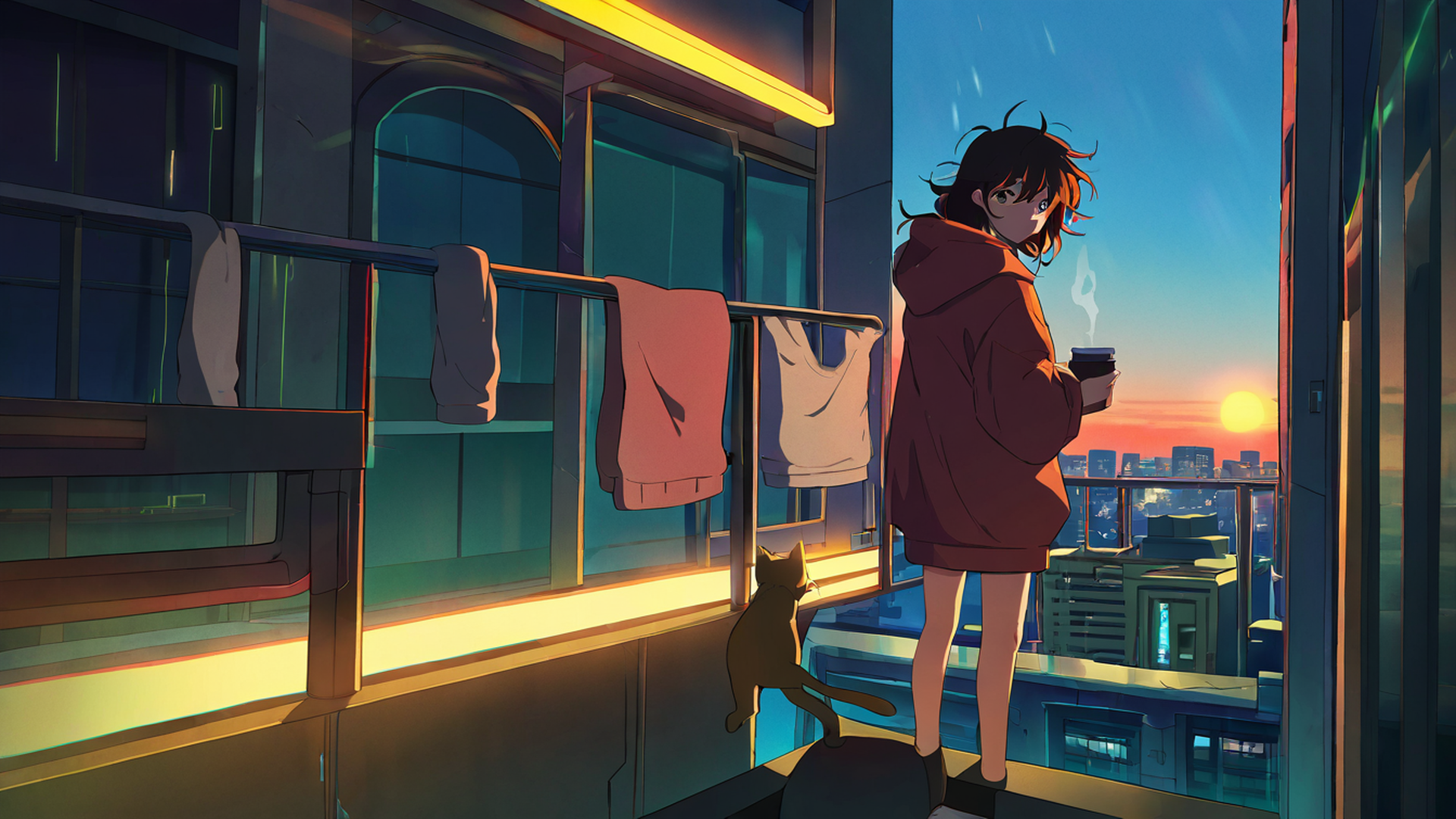 cyberpunk girl balcony lofi wallpaper