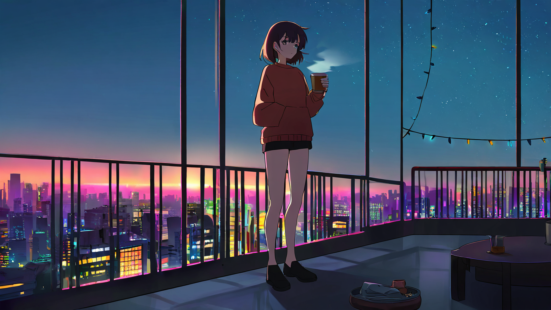 cyberpunk girl balcony lofi wallpaper