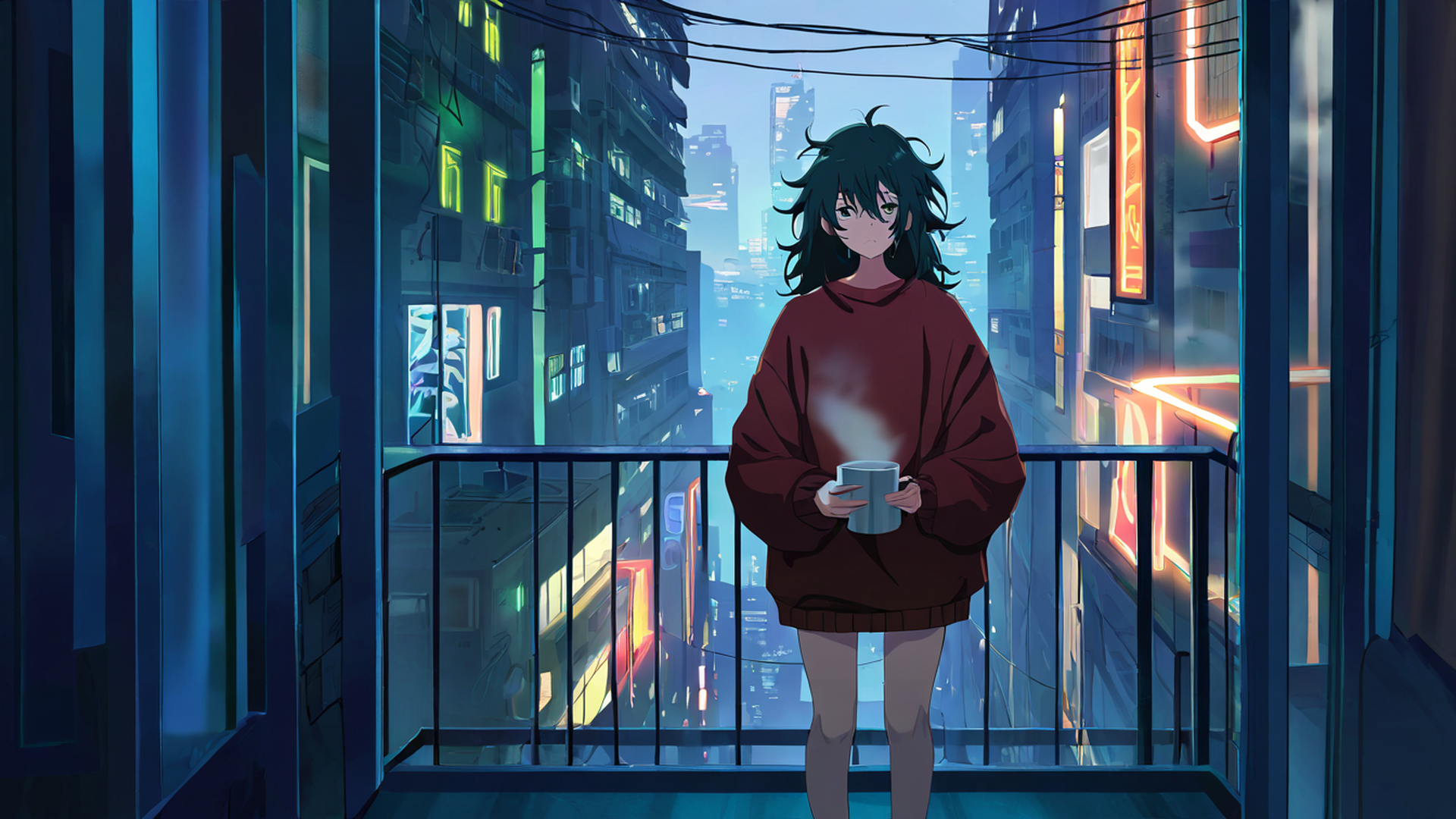 cyberpunk girl balcony lofi wallpaper