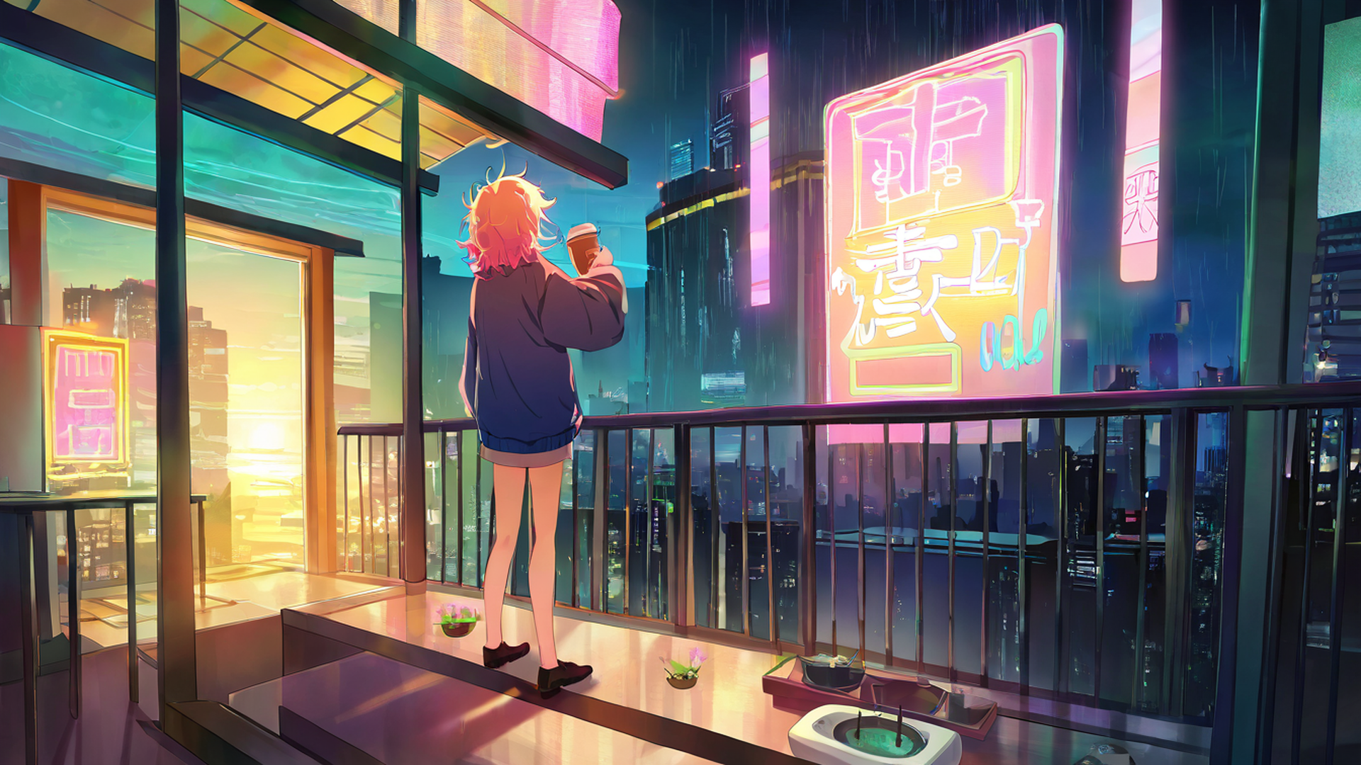 cyberpunk girl balcony lofi wallpaper