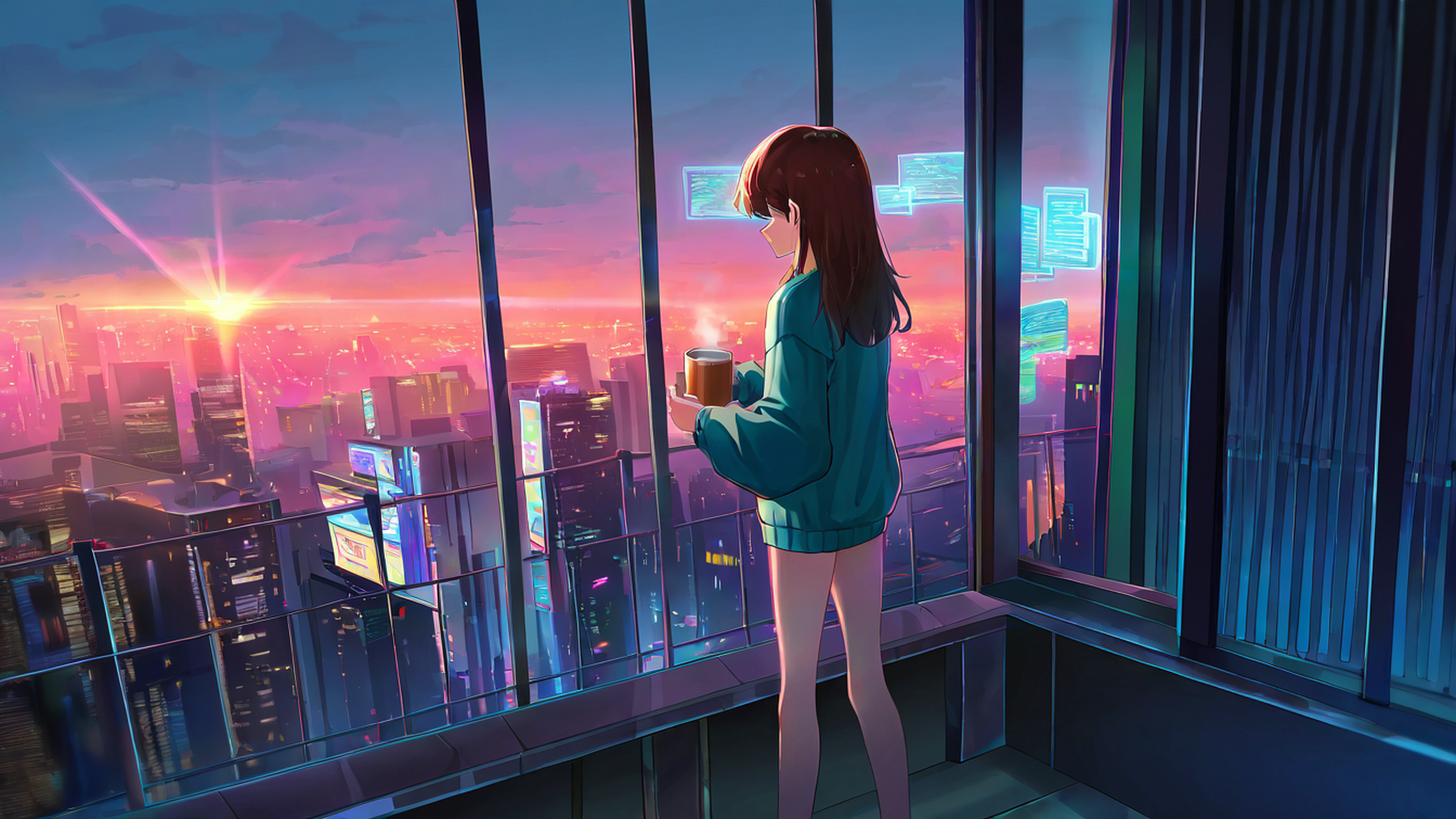 cyberpunk girl balcony lofi wallpaper