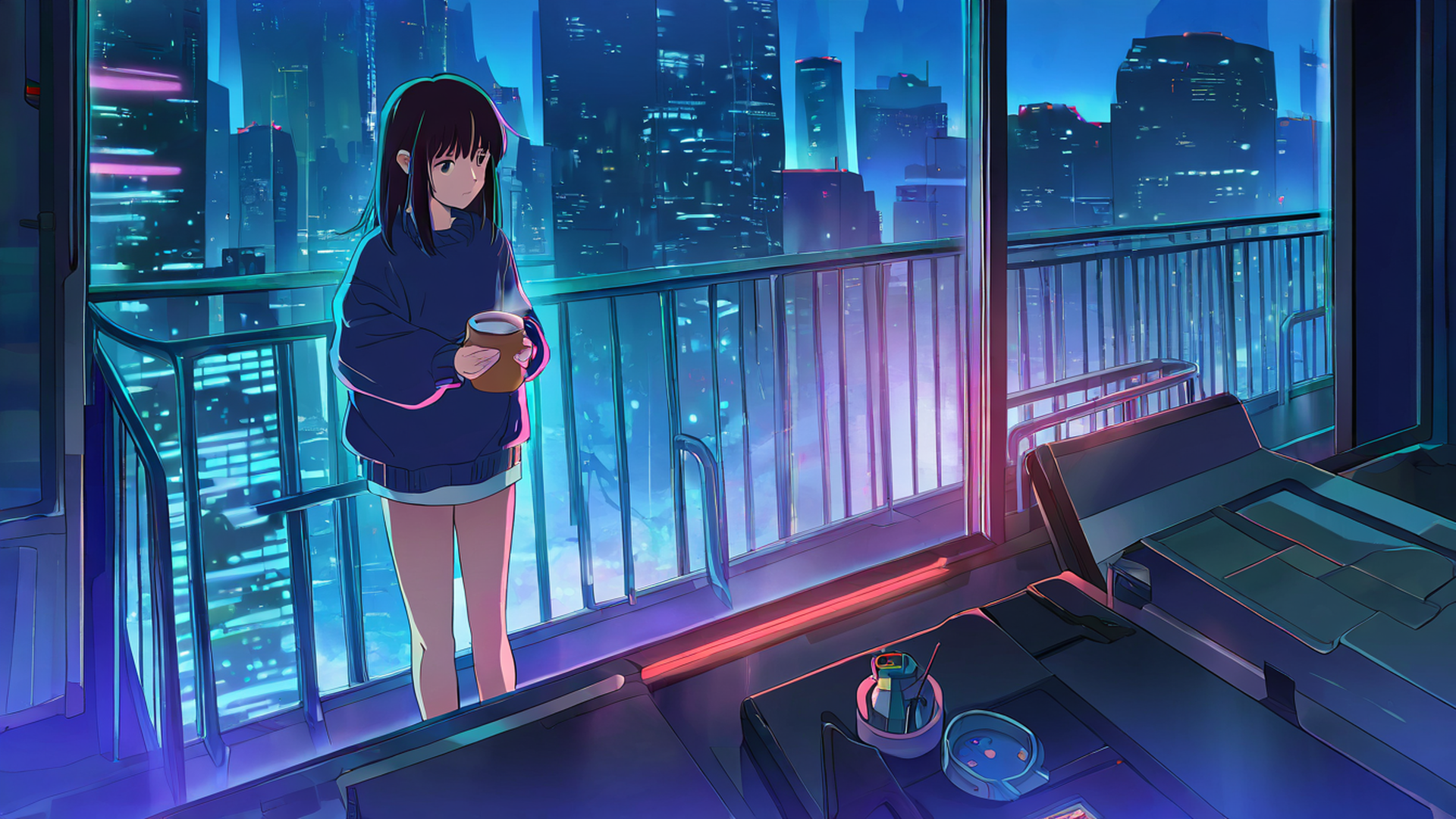 cyberpunk girl balcony lofi wallpaper