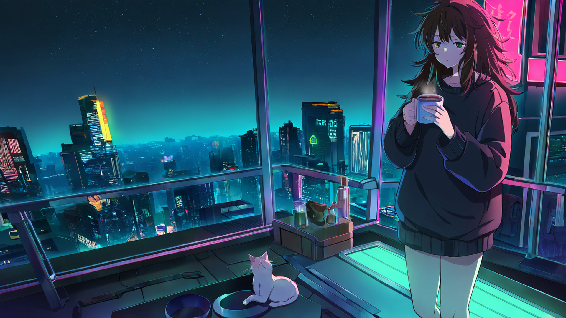 cyberpunk girl balcony lofi wallpaper