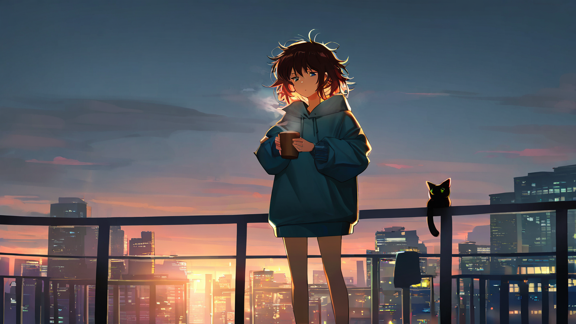 cyberpunk girl balcony lofi wallpaper